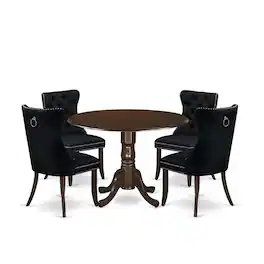 East West Furniture - 5 Piece Dining Room Furniture Set Contains a Round Kitchen Table with Dropleaf - Mahogany