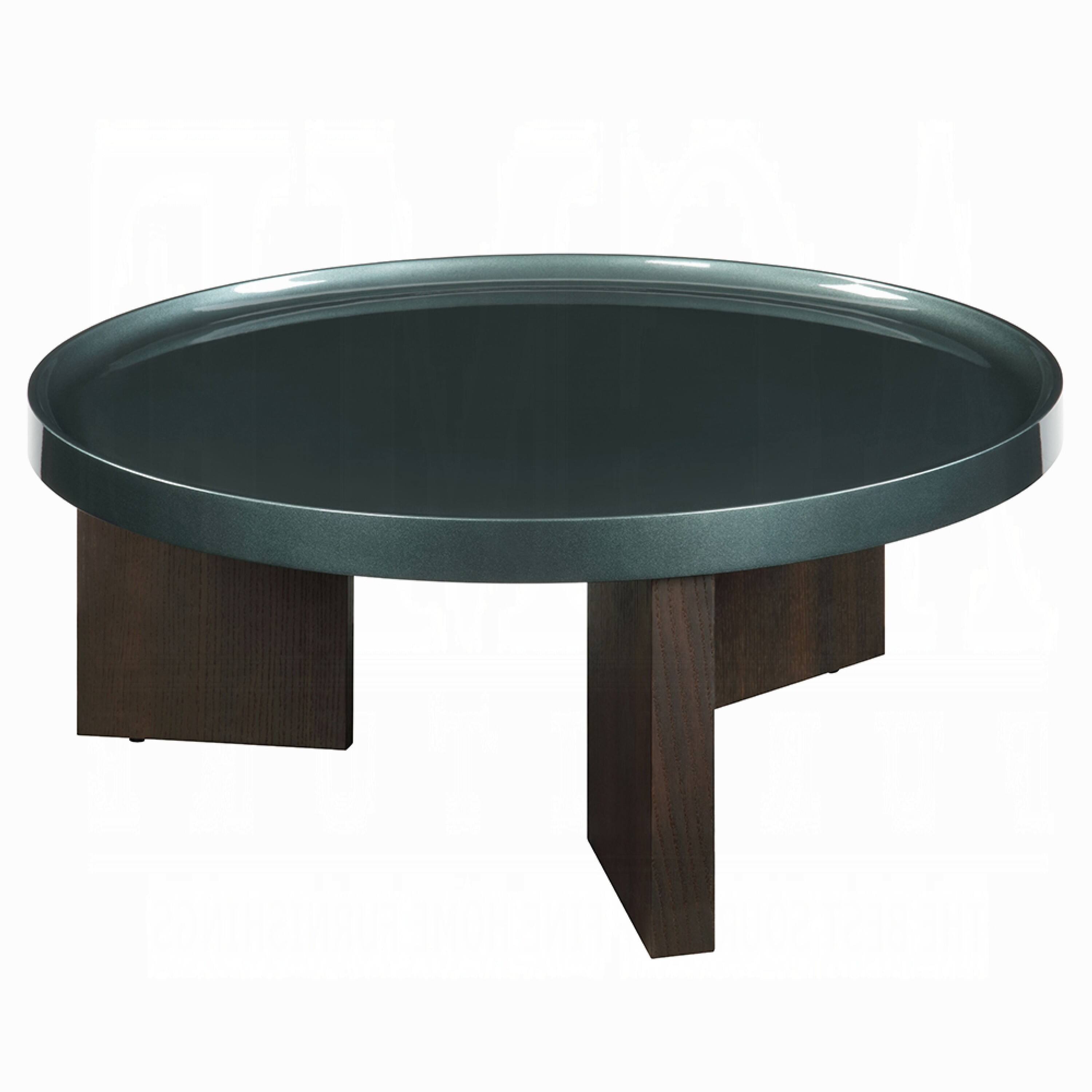 Alt View 2. Manhattan Lane - Lexy Coffee Table, 35 Inch Round Top, Low Profile High Gloss Blackish Green - Blackish Green, Smoked Brown.