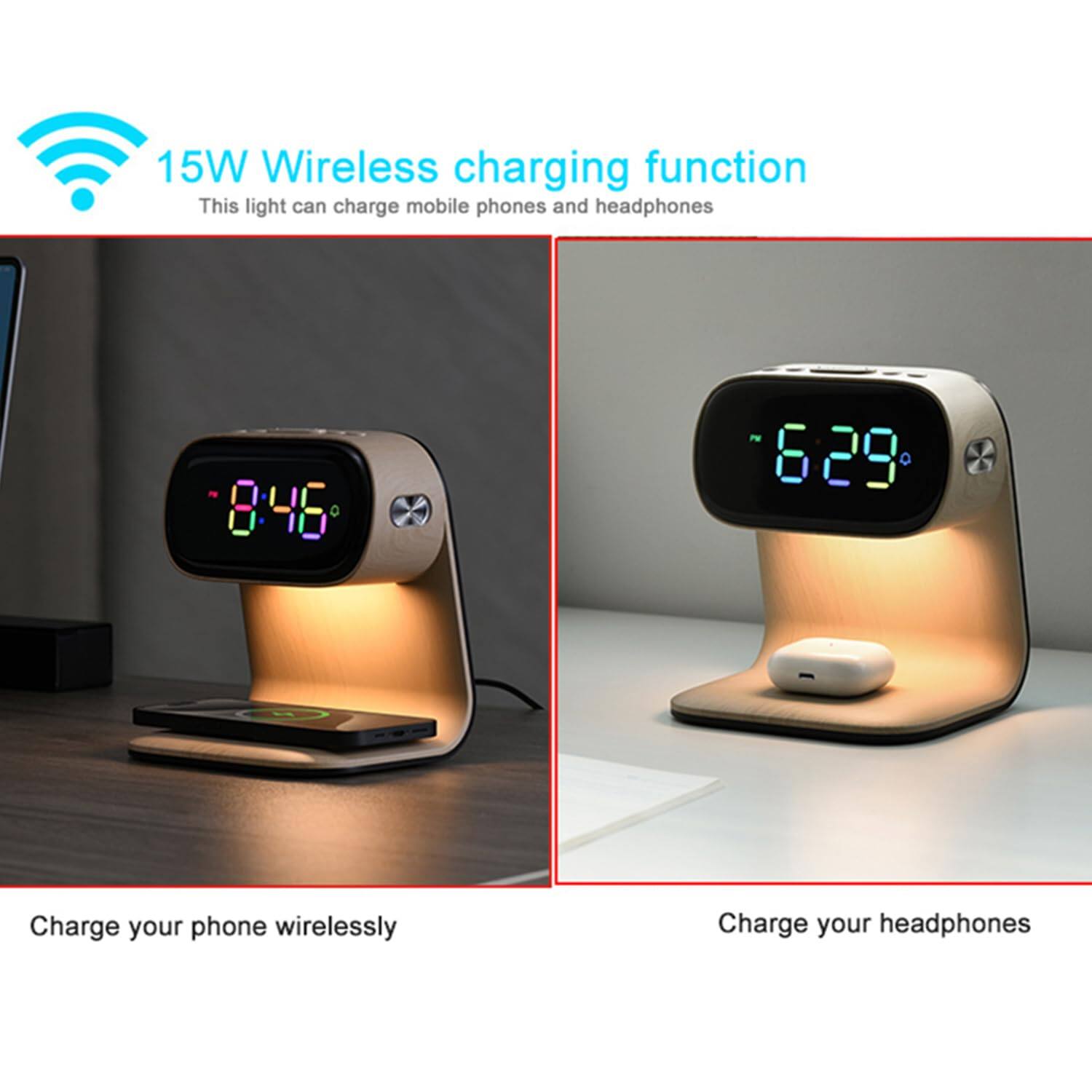 15W Wireless charging function  
This light can charge mobile phones and headphones  

Charge your phone wirelessly  

Charge your headphones