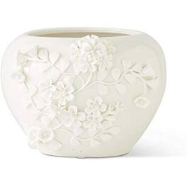 K&K Interiors - Ceramic Pot with Raised Jasmine Flowers 6.75 inch - White