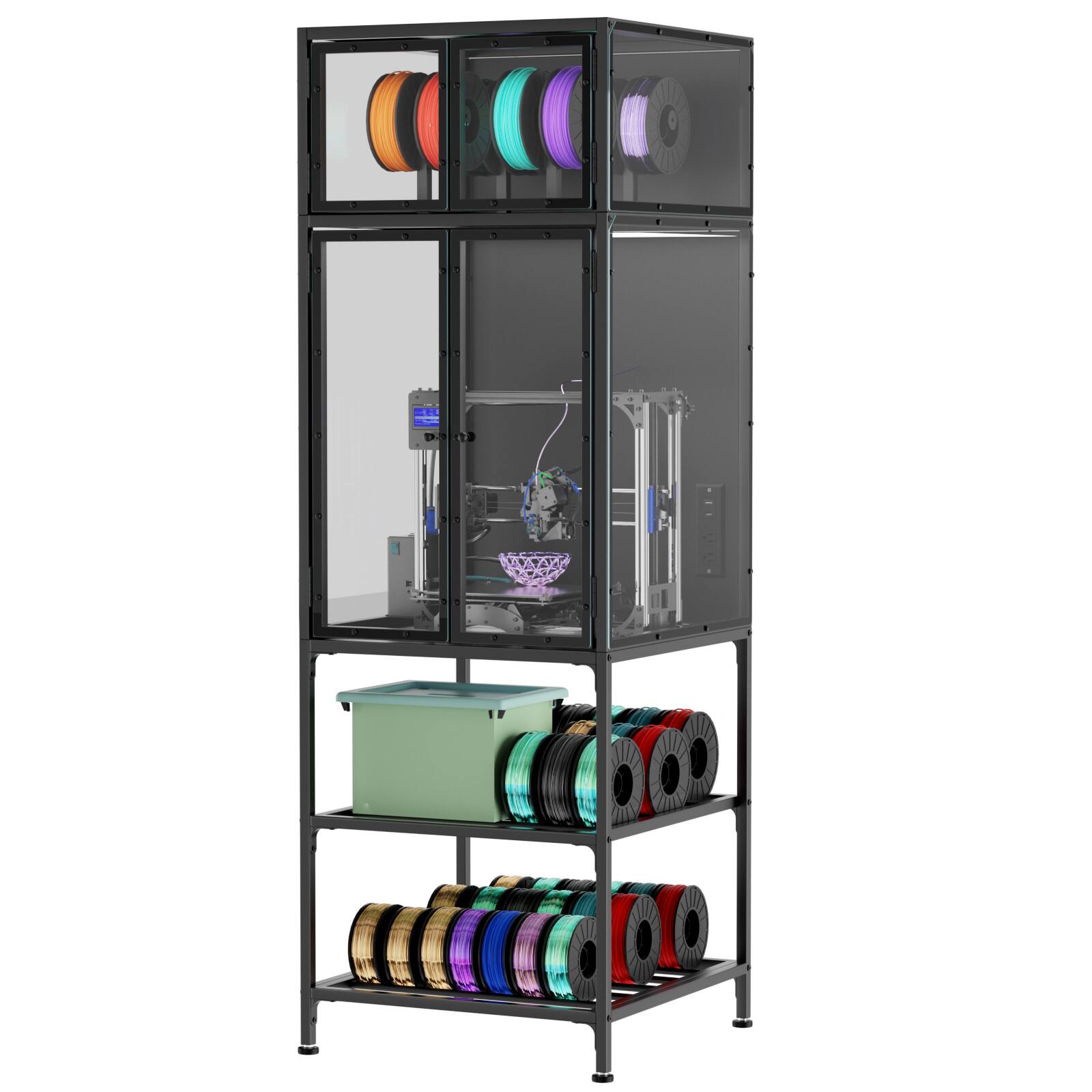 Alt View 7. Chateau Abodes - 3D Printer Stand with Filament Storage, Heavy Duty Rolling Metal Workbench with T-Spool Holders - Black-Noise-Reducing.