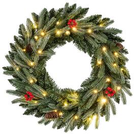 Costway - 1 PCS 24" Pre-lit Christmas Wreath Front Door Artificial Xmas Wreath with Red Berries Advent Calendar - Green