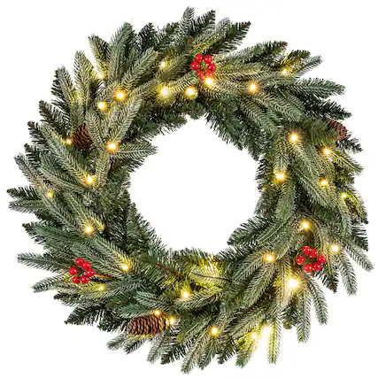 Front. Costway - Costway 1 PCS 24" Pre-lit Christmas Wreath Front Door Artificial Xmas Wreath with Red Berries - Green.