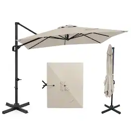 Costway - 11 x 9 FT Cantilever Patio Umbrella with 360° Rotation Easy Tilt Adjustment 8 Ribs - Beige