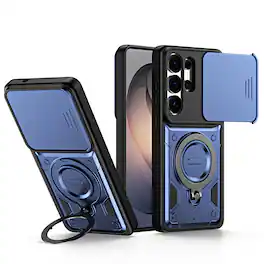 Dteck - For Samsung Galaxy S26 Ultra Shockproof Ring Kickstand Drop Protection Rugged Case Sliding Camera Lens Cover - Darkblue