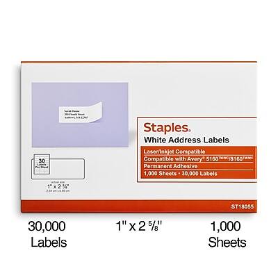 Staples  
White Address Labels  
Laser/Inkjet Compatible  
Compatible with Avery 5160 / 8160  
Permanent Adhesive  
1,000 Sheets  
30,000 Labels  
1" x 2 5/8"  
ST18055  

30,000 Labels  
1" x 2 5/8"  
1,000 Sheets
