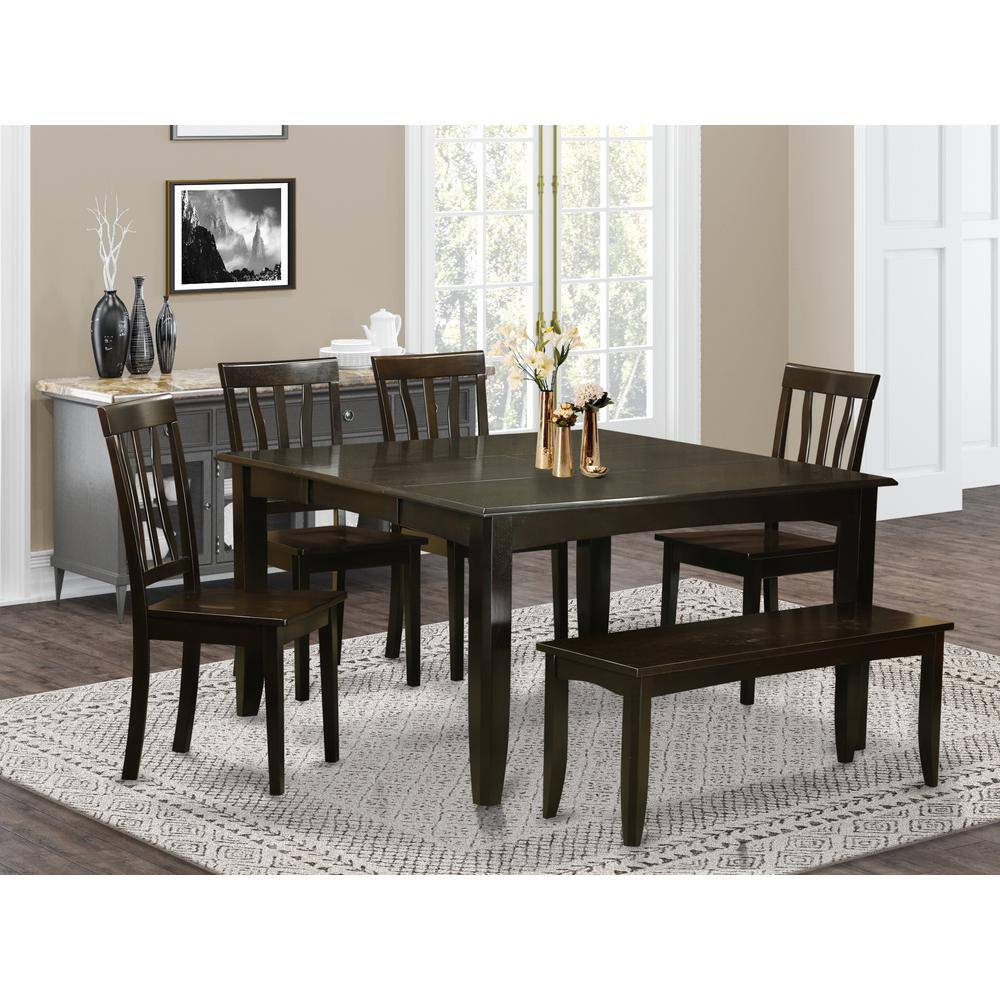 Alt View 2. East West Furniture - 6 Pc Dining room set with bench-Table with Leaf and 4 Dining Chairs Plus Bench. - Cappuccino.