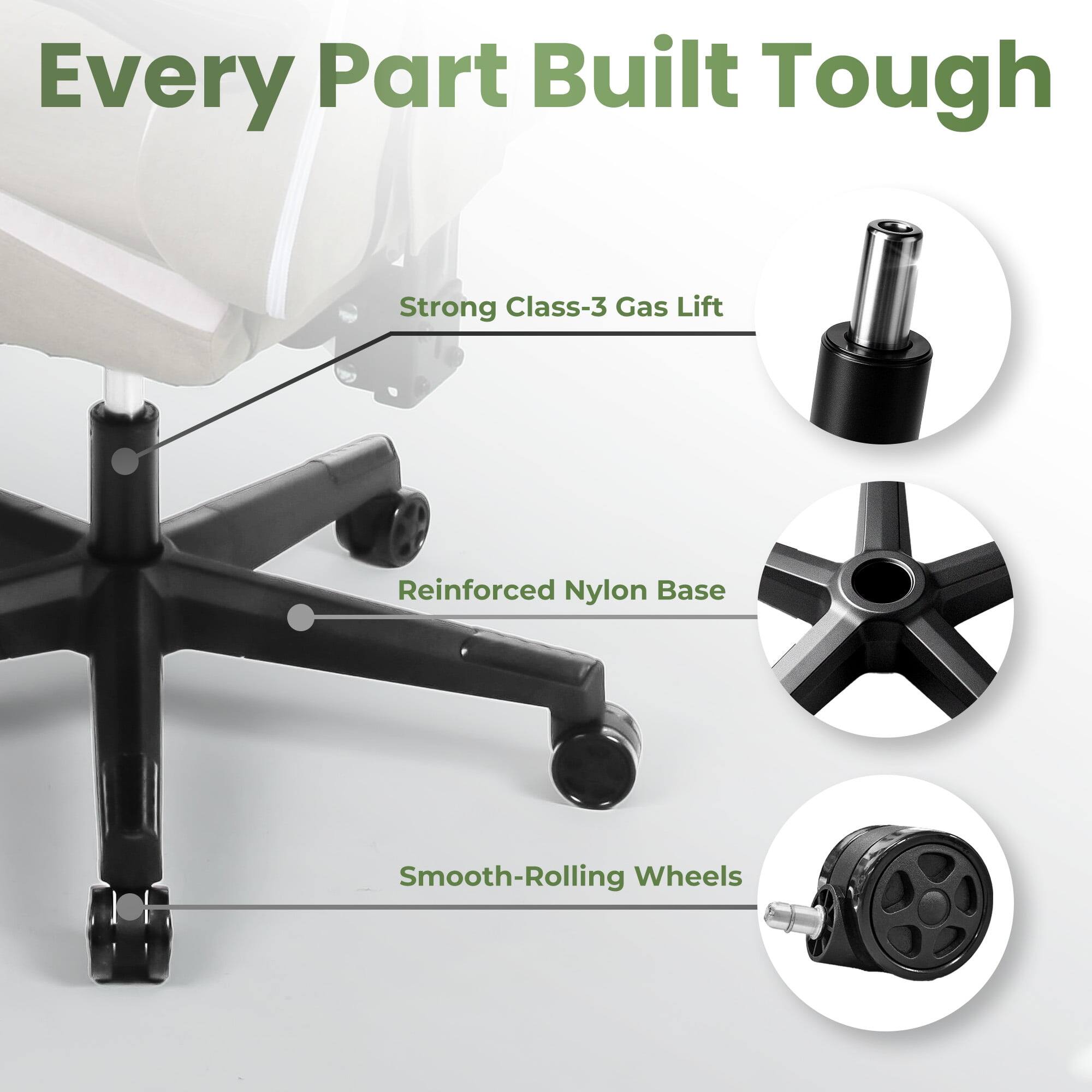 Every Part Built Tough

- Strong Class-3 Gas Lift
- Reinforced Nylon Base
- Smooth-Rolling Wheels