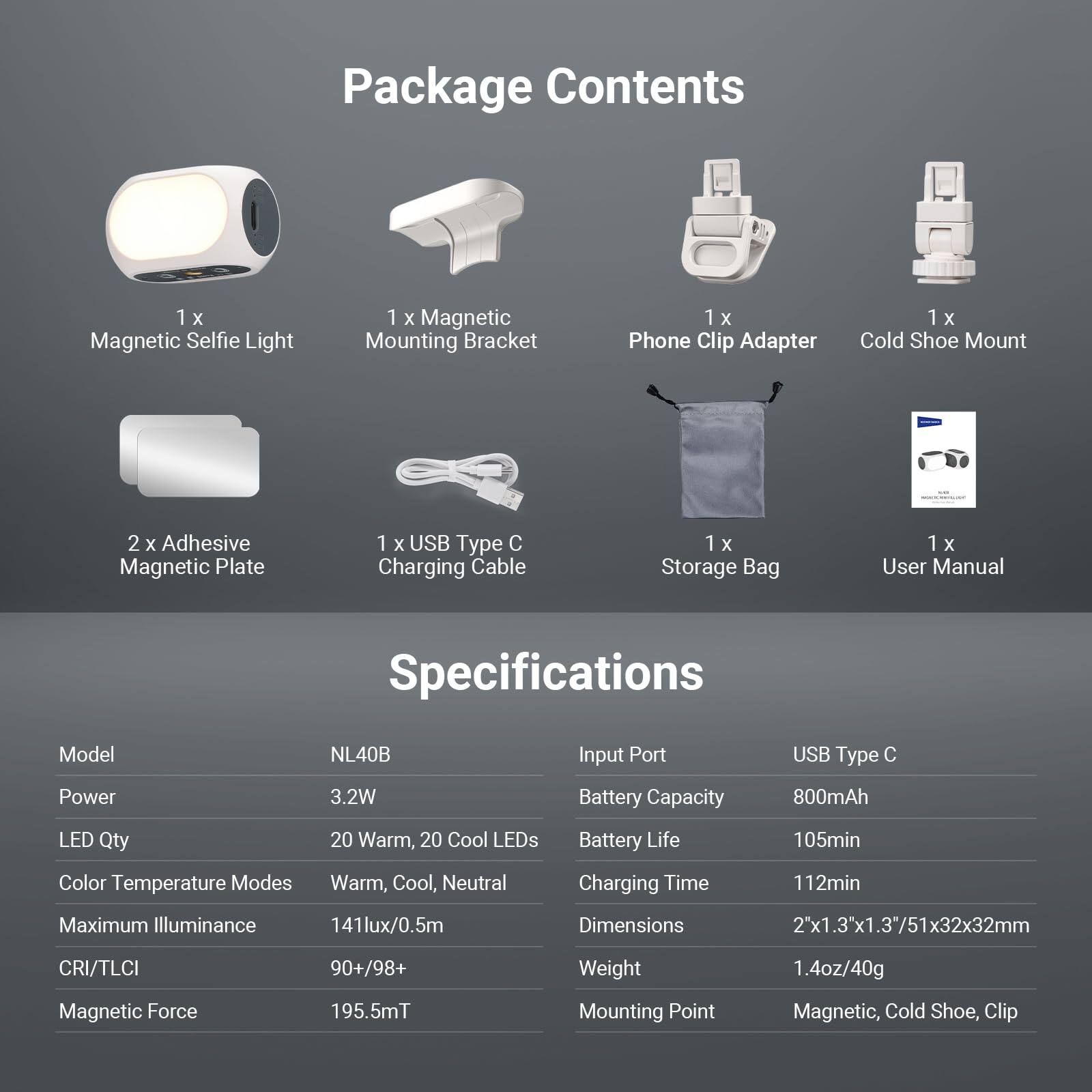 Package Contents  
1 x Magnetic Selfie Light  
1 x Magnetic Mounting Bracket  
1 x Phone Clip Adapter  
1 x Cold Shoe Mount  
2 x Adhesive Magnetic Plate  
1 x USB Type C Charging Cable  
1 x Storage Bag  
1 x User Manual  

Specifications  
Model: NL40B  
Input Port: USB Type C  
Power: 3.2W  
Battery Capacity: 800mAh  
LED Qty: 20 Warm, 20 Cool LEDs  
Color Temperature Modes: Warm, Cool, Neutral  
Battery Life: 105min  
Charging Time: 112min  
Maximum Illuminance: 141lux/0.5m  
CRI/TLCI: 90+/98+  
Magnetic Force: 195.5mT  
Dimensions: 2"x1.3"x1.3"/51x32x32mm  
Weight: 1.4oz/40g  
Mounting Point: Magnetic, Cold Shoe, Clip