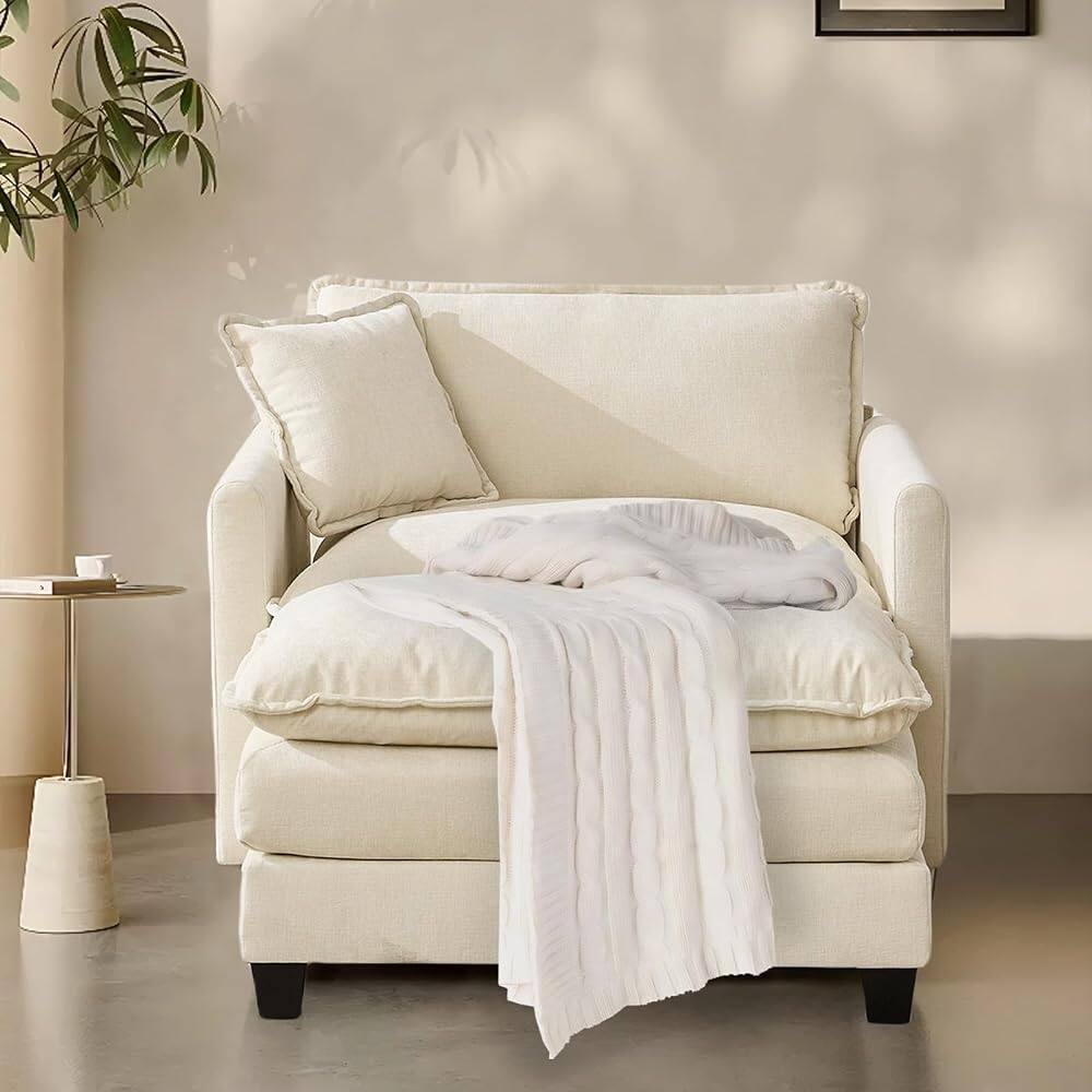Left. JUJABU - Beige Chenille Modular Single Sofa with Ottoman and Pillow for Living Room - Beige.
