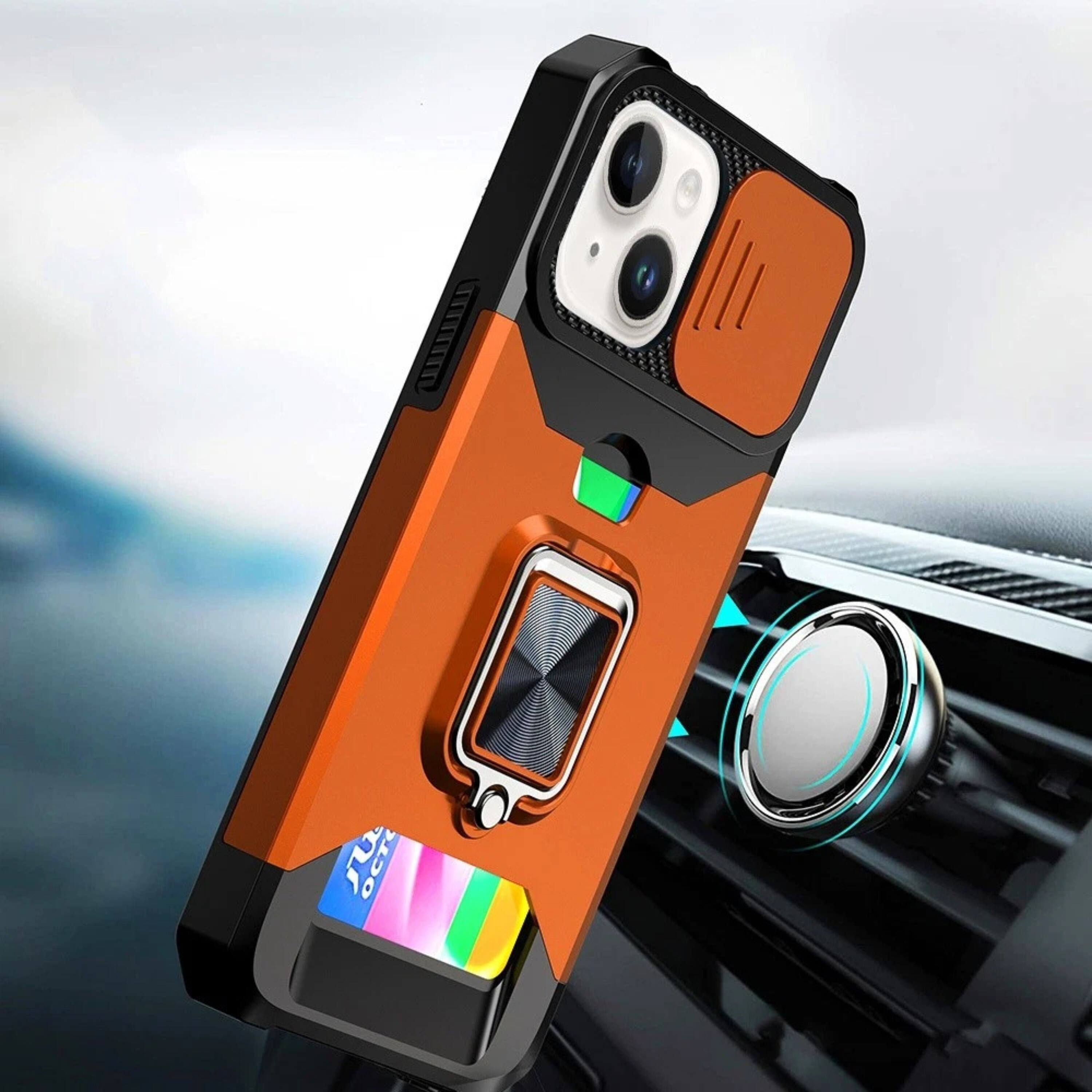 Back. Kitcheniva - Multi-Use Card Slot Ring Stand Cover Phone Case With 2 Pcs Tempered Glass For iPhone 15 Plus - Orange.