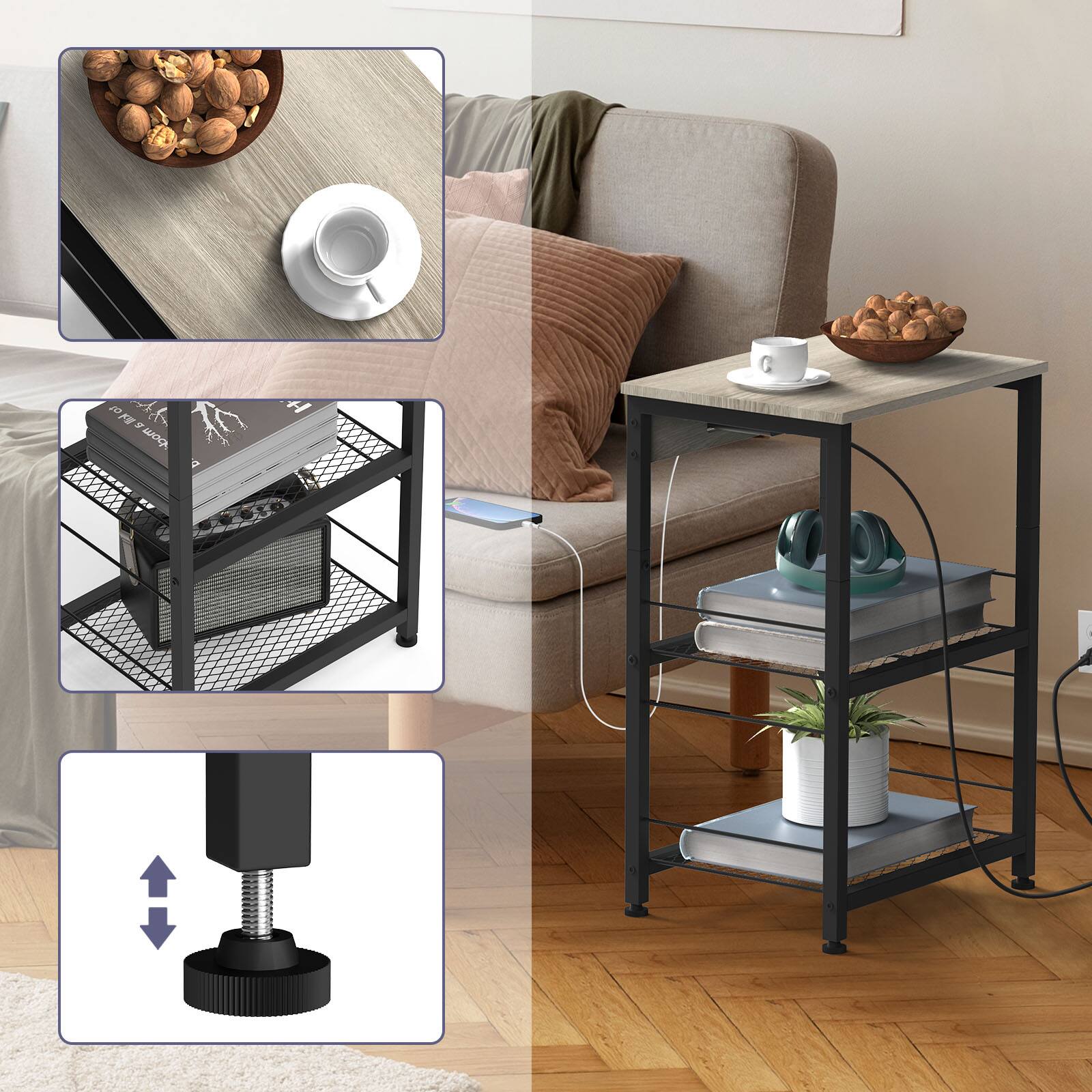 Left. Oumilen - 3-Tier End Table with Charging Station & Mesh Shelves, Gray - Gray.