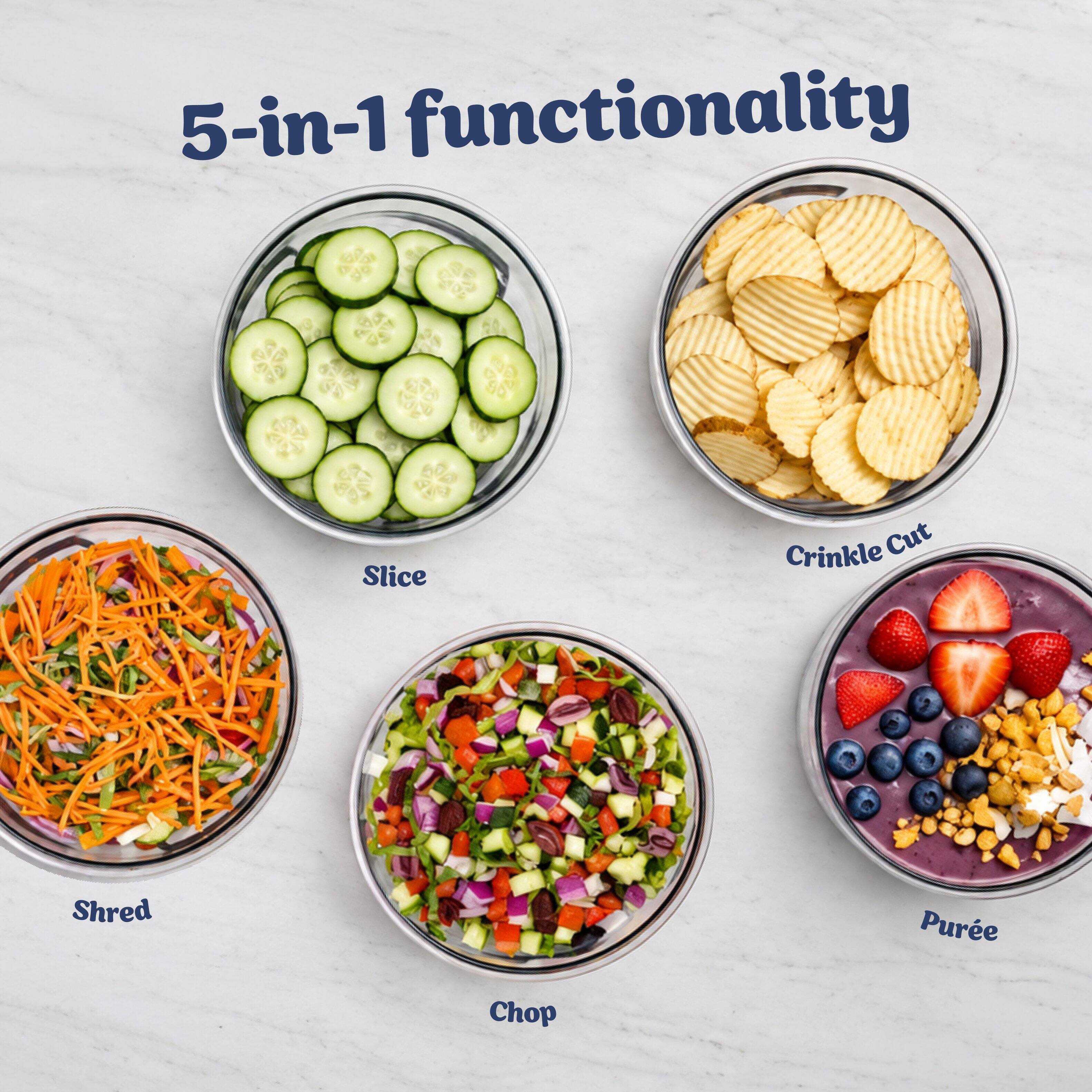 5-in-1 functionality
Slice
Crinkle Cut
Shred
Puree
Chop