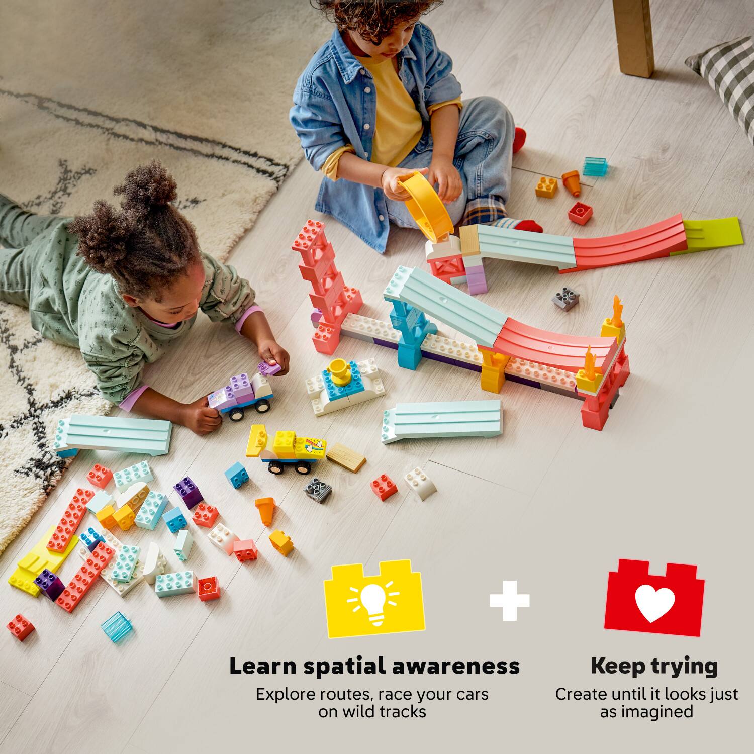 Learn spatial awareness  
Explore routes, race your cars on wild tracks  
Keep trying  
Create until it looks just as imagined