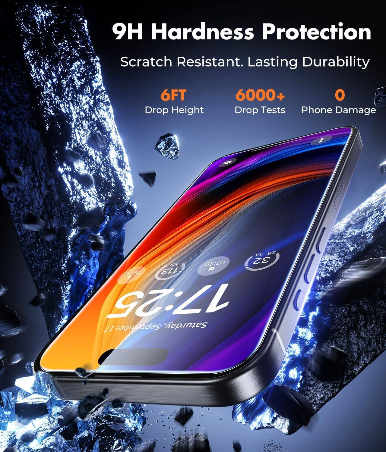 9H Hardness Protection  
Scratch Resistant. Lasting Durability  
6FT Drop Height  
6000+ Drop Tests  
0 Phone Damage  

34 26 AQI  
8 07:20  
32 113 Q  
18:25  
17:25  
September 17 Saturday