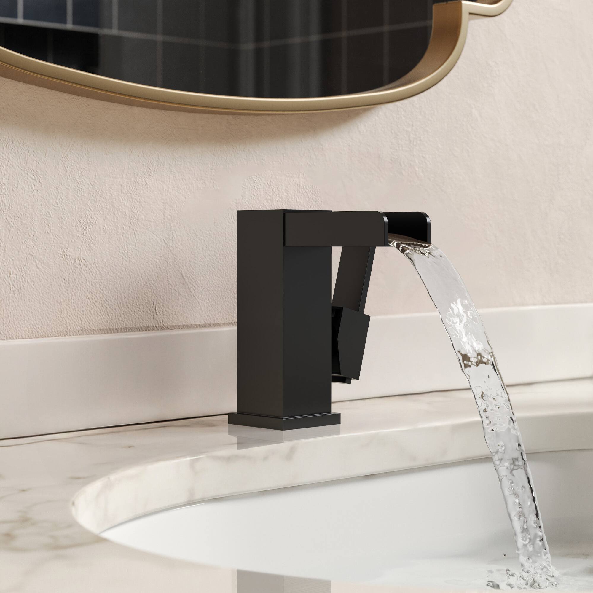Angle. GRANDJOY - Single Handle LED Waterfall Bathroom Faucet with Pop-Up Drain, Temperature Changing Light & Open Trough Spout - Matte Black.