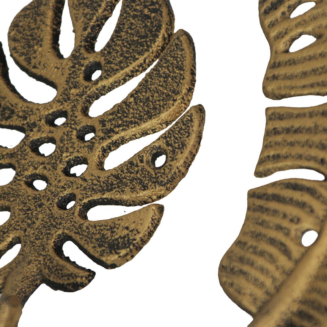 Alt View 2. Zeckos - Set of 3 Cast Iron Gold Tropical Leaf Decorative Wall Hooks Towel Hanger Rack - Gold.