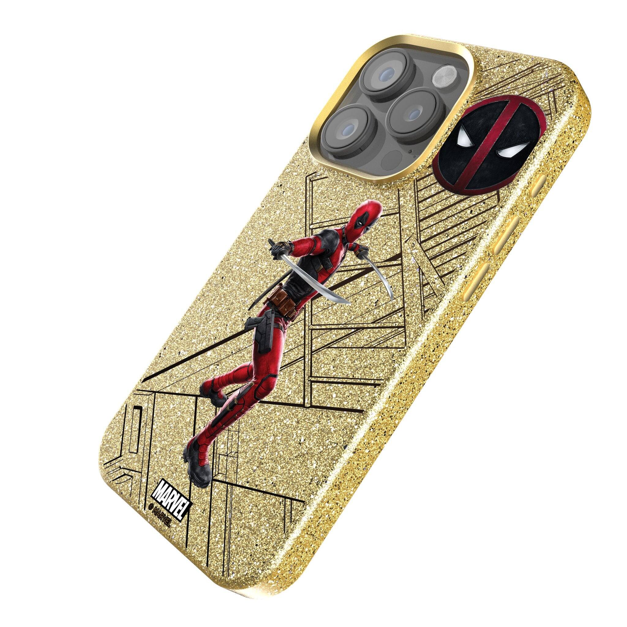 Angle. Keyscaper - Marvel MechLine Gold Bling Phone Case - Apple iPhone 15 Pro - Deadpool.