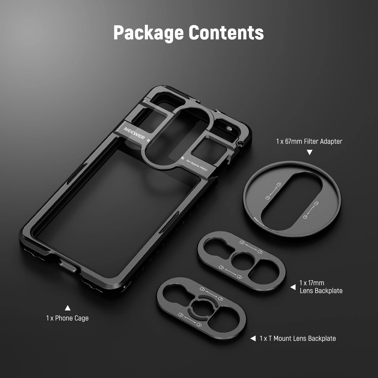Package Contents

- 1 x 67mm Filter Adapter
- 1 x 17mm Lens Backplate
- 1 x Phone Cage
- 1 x T Mount Lens Backplate