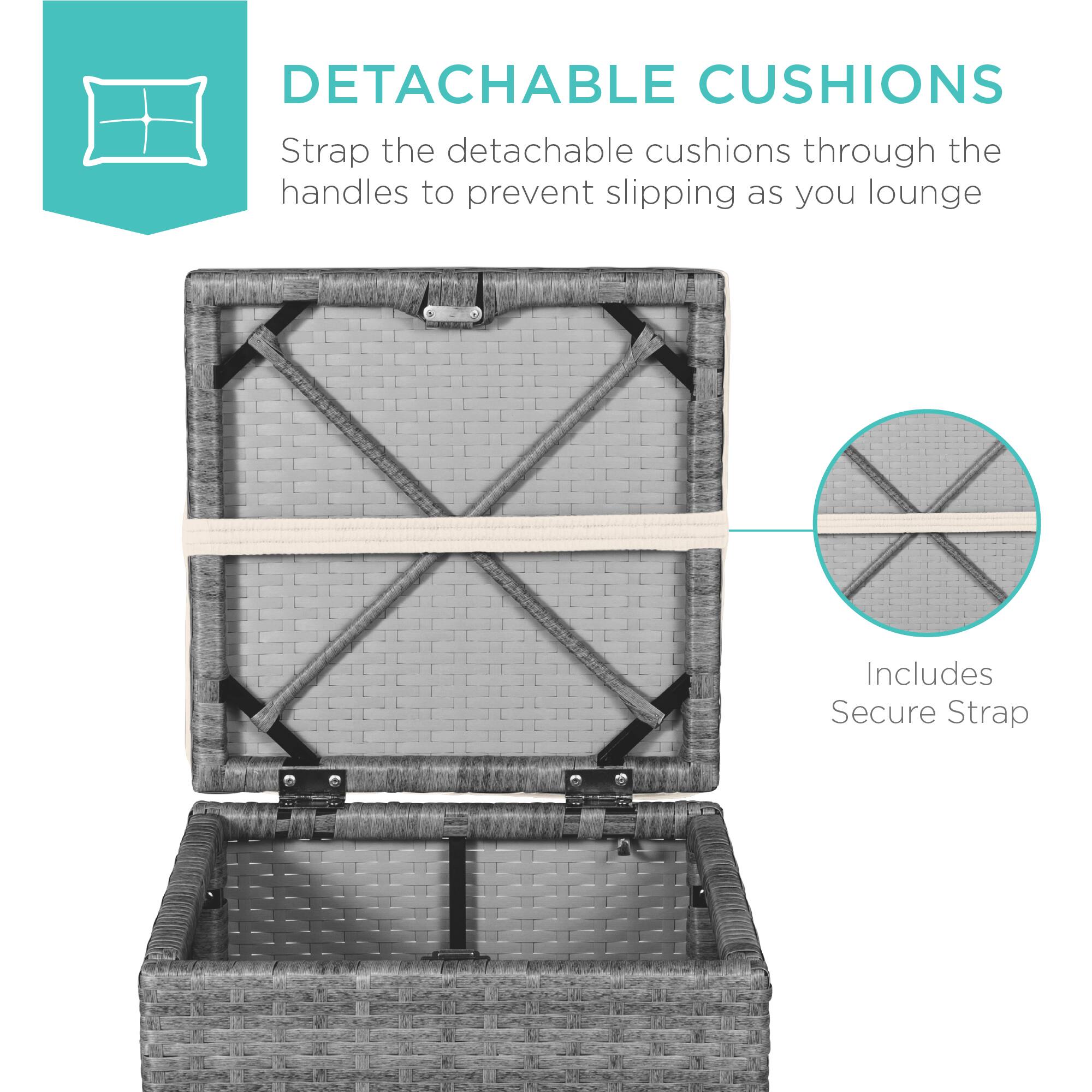 DETACHABLE CUSHIONS  
Strap the detachable cushions through the handles to prevent slipping as you lounge  

Includes Secure Strap