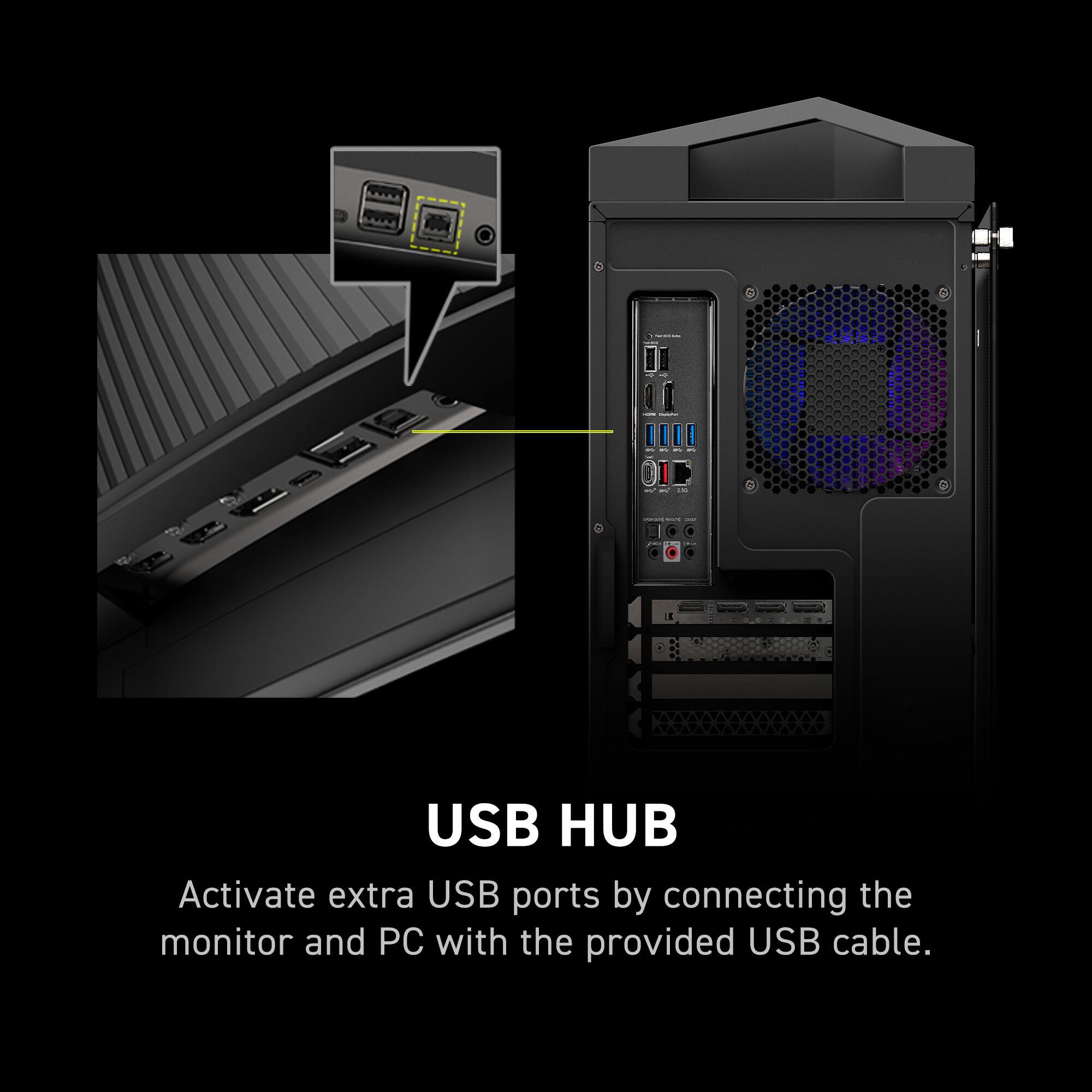 A 2-in-1 USB HUB: Activate extra USB ports by connecting the monitor and PC with the provided USB cable.