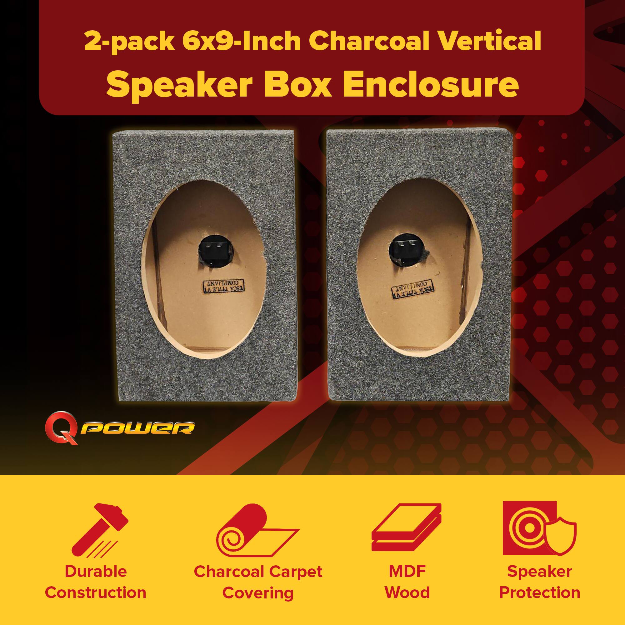 2-pack 6x9-Inch Charcoal Vertical Speaker Box Enclosure

- Durable Construction
- Charcoal Carpet Covering
- MDF Wood
- Speaker Protection
