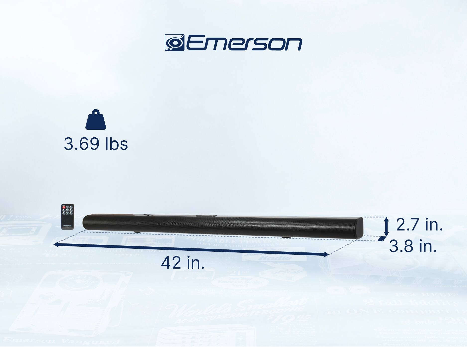 Emerson 3.69 lbs ORTABLE 117/ PERL 112 NATINI . WN Radio 42 in. 2.7 in. 3.8 in. HIN Smallest d  Worlaes SUPERHETERODYNE 25 - ON COmON 1   10 T C 120 ee Emerson Vanguard