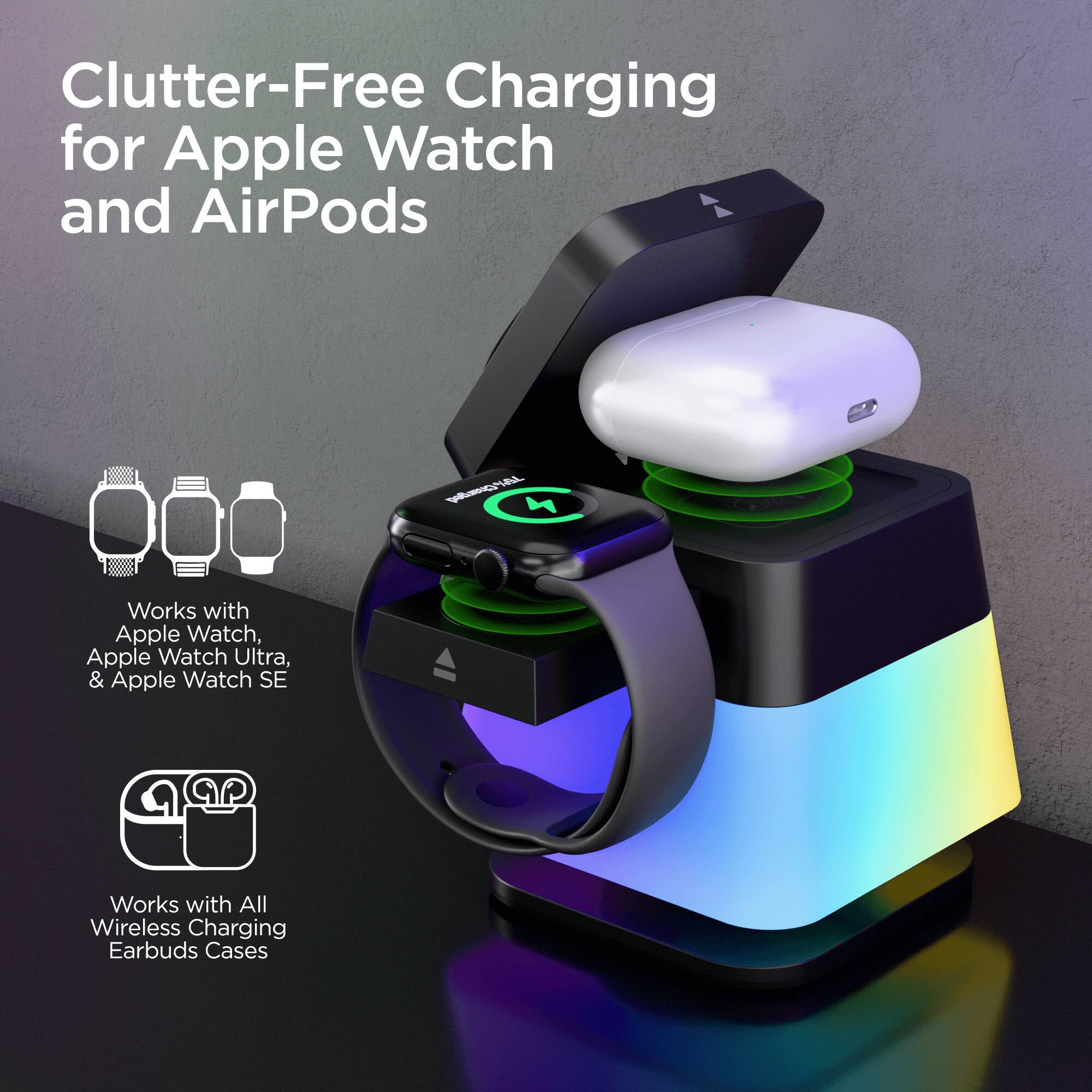 Clutter-Free Charging for Apple Watch and AirPods

- Works with Apple Watch, Apple Watch Ultra, & Apple Watch SE
- Works with All Wireless Charging Earbuds Cases