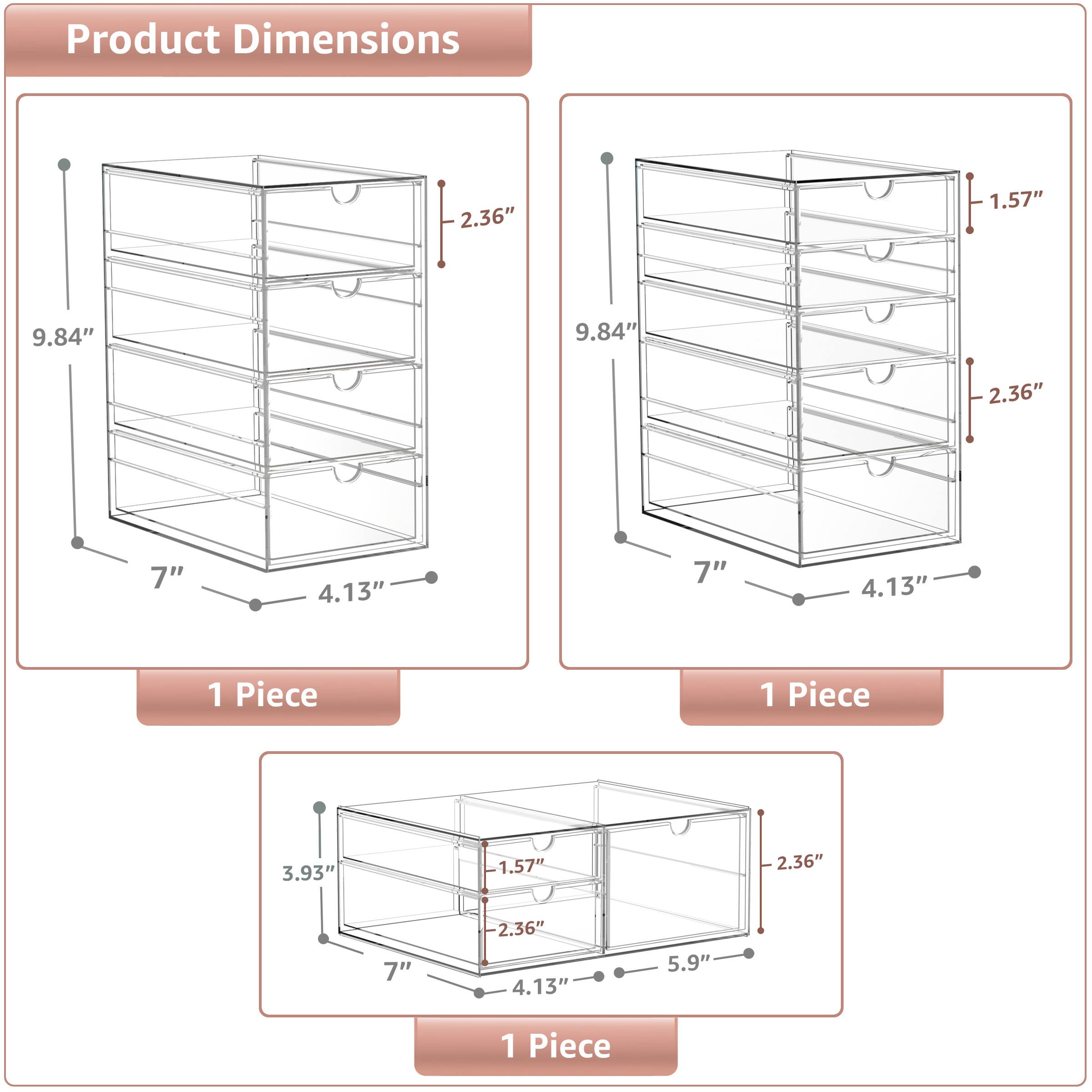 Product Dimensions

- 9.84" x 7" x 4.13" (1 Piece)
- 9.84" x 7" x 4.13" (1 Piece)
- 3.93" x 7" x 5.9" (1 Piece)

Dimensions:
- 2.36"
- 1.57"
- 2.36"
- 1.57"
- 2.36"
- 2.36"