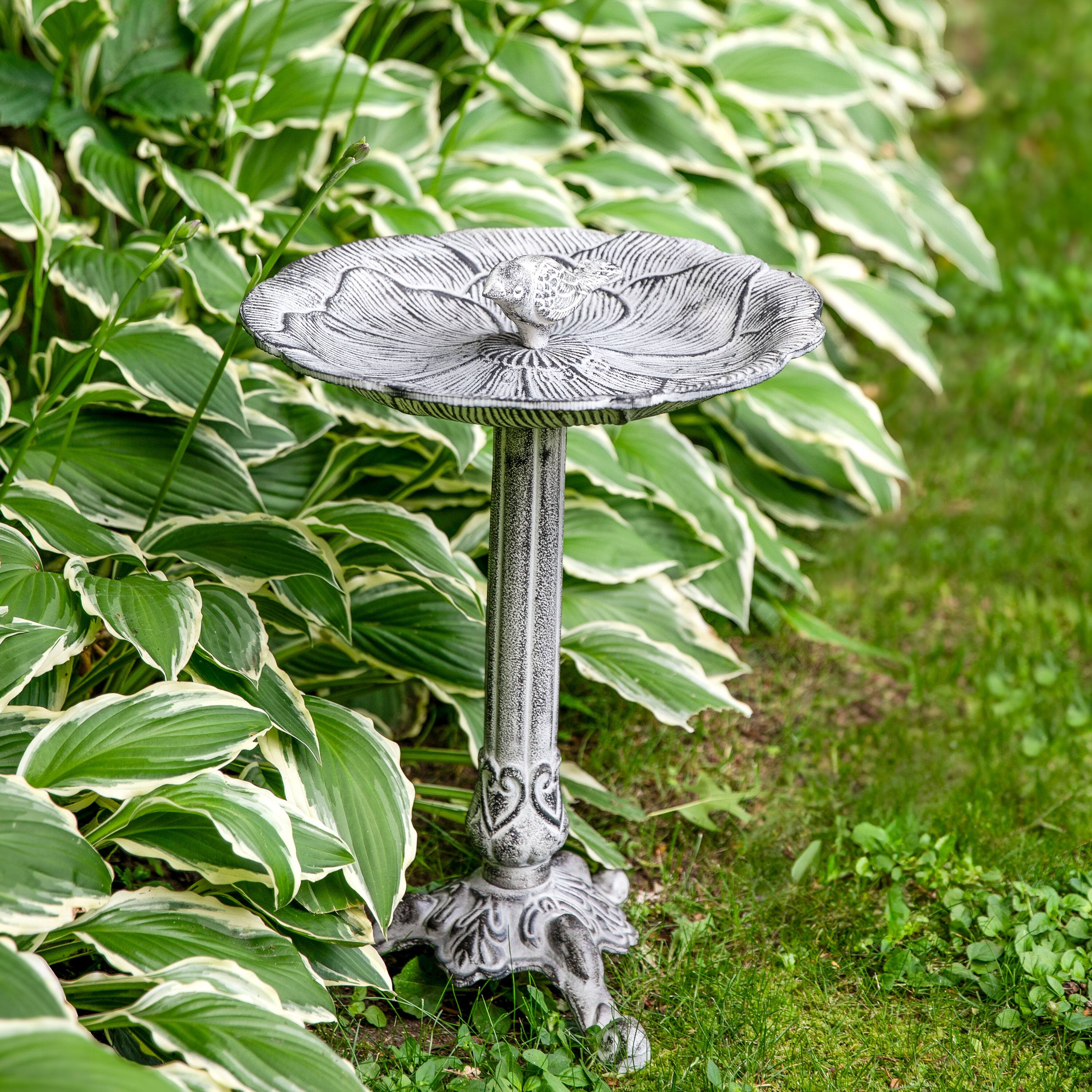 Alt View 3. Sunnydaze - Bird and Blossom Metal Bird Bath - 13 in - Antique Gray.