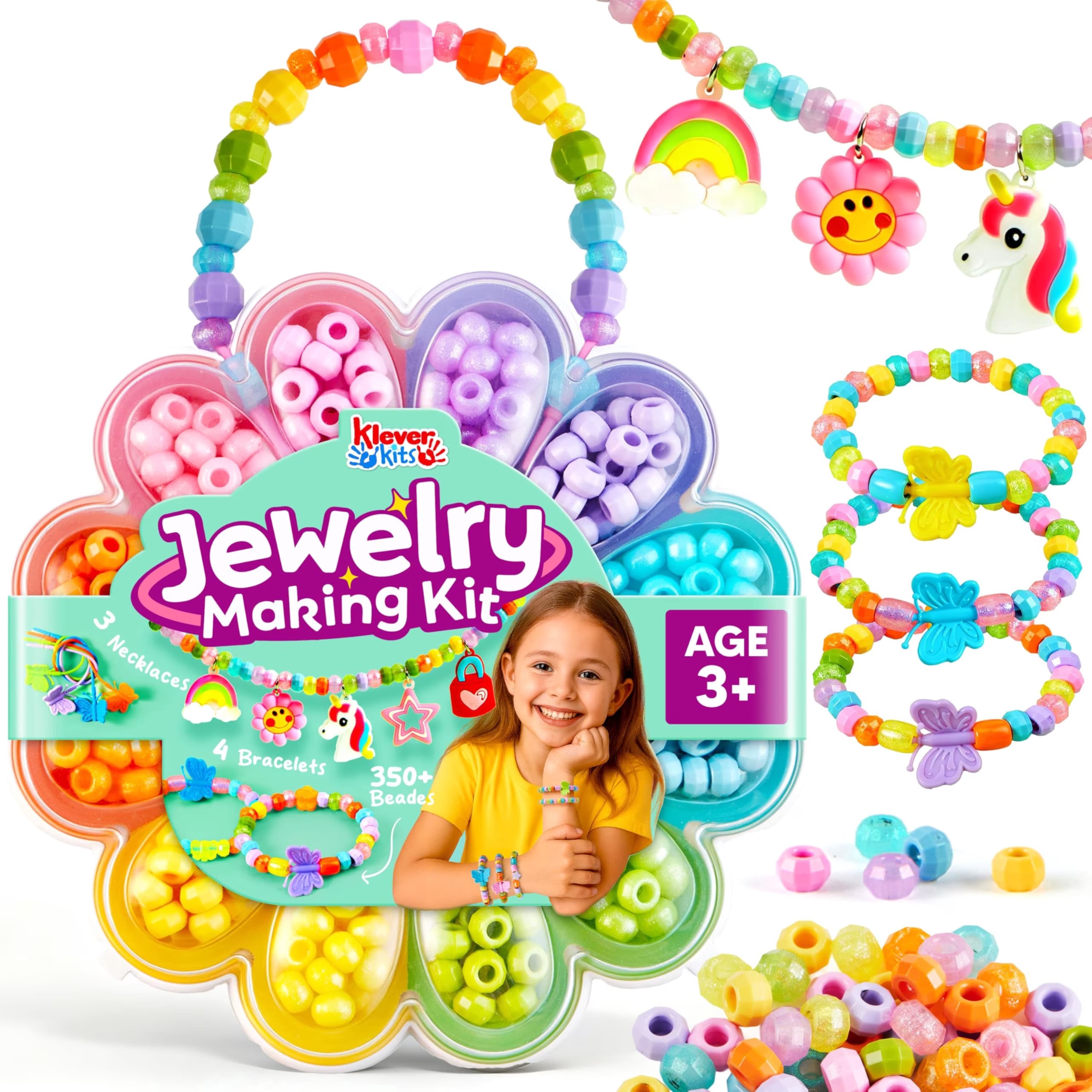 Joyfy - Jewelry Making Kit, Bracelet Making Kit for Kids, DIY Kit with 350+ Colorful Beads, Flower-Shaped Storage Case,Gifts - Multicolor