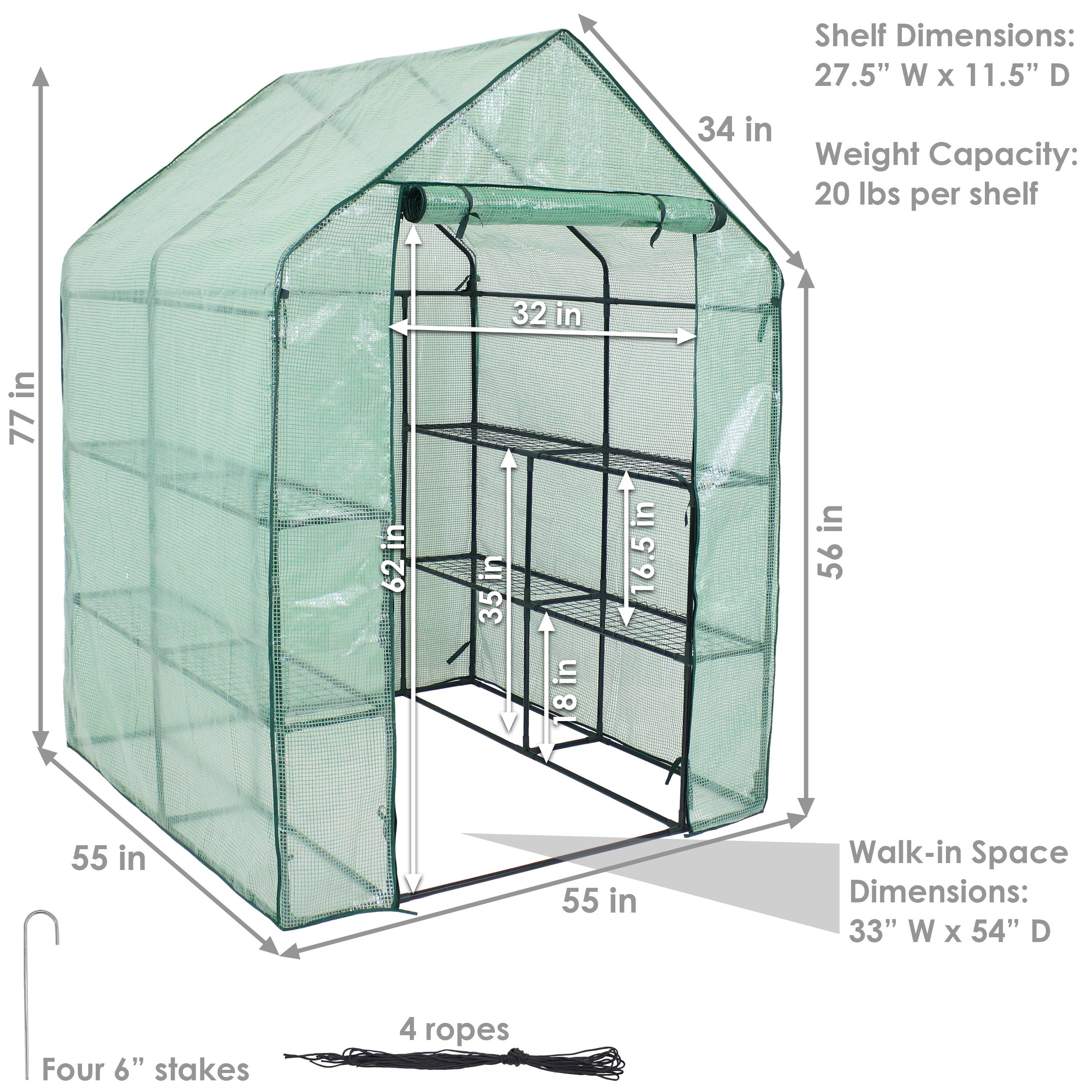 Shelf Dimensions: 27.5" W x 11.5" D  
Weight Capacity: 20 lbs per shelf  

Walk-in Space Dimensions: 33" W x 54" D  

Four 6" stakes  
4 ropes