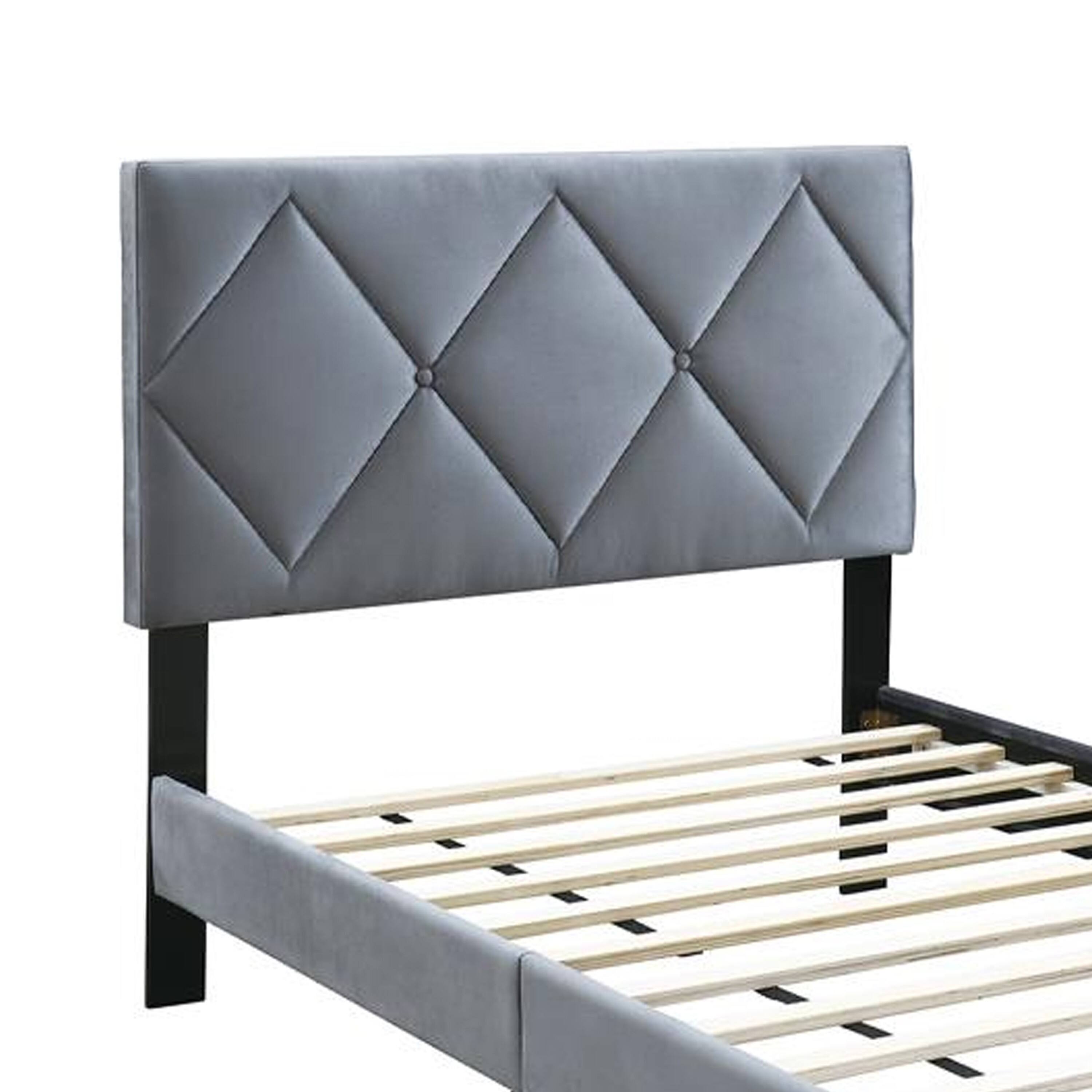 Left. Manhattan Lane - Lilian Full Size Bed, Tufted Gray Velvet Upholstery, Diamond Stitch - Gray, Black.