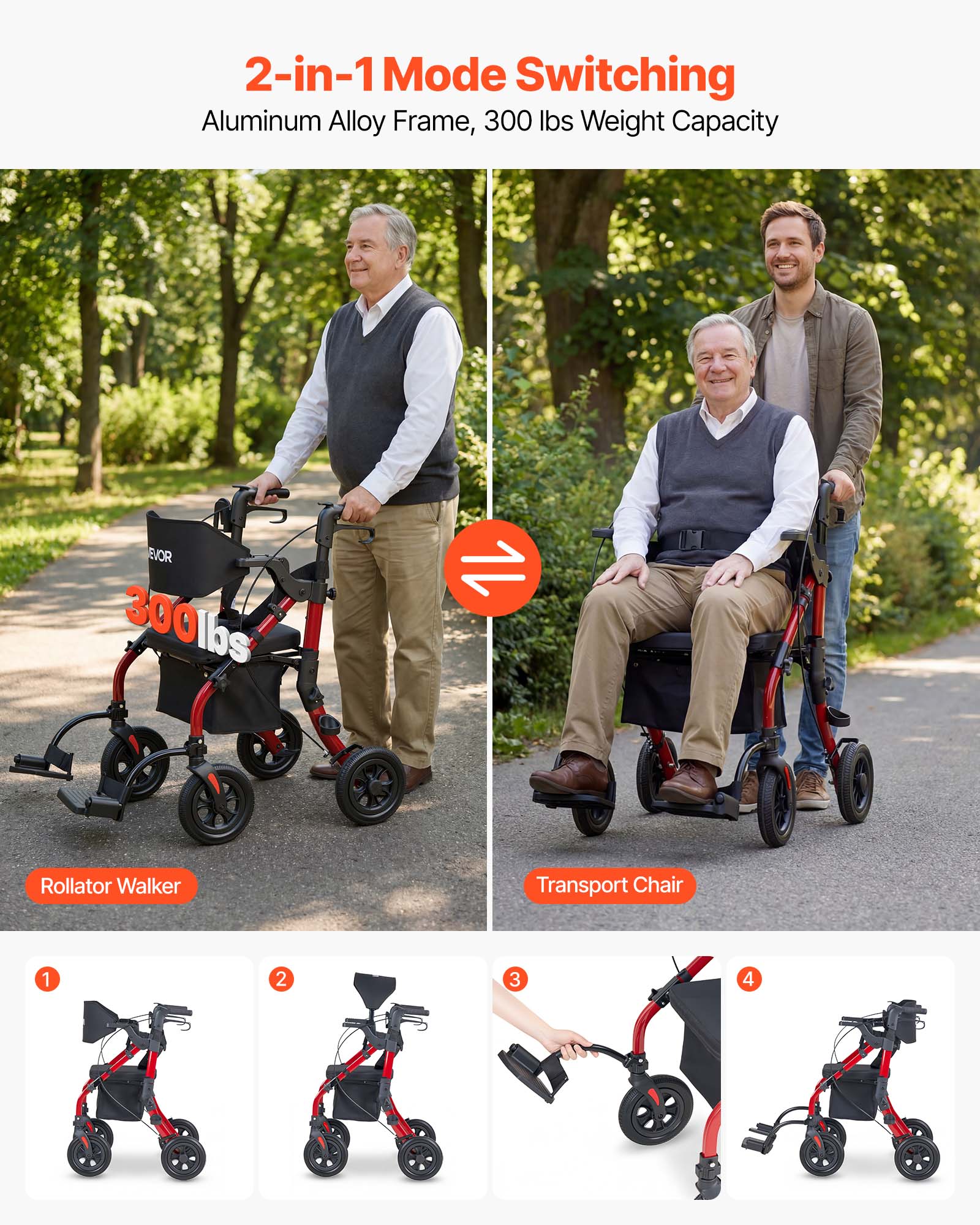 2-in-1 Mode Switching  
Aluminum Alloy Frame, 300 lbs Weight Capacity  

EVOR 300lbs Rollator Walker Transport Chair  

1. Rollator Walker  
2. Transport Chair  

300 lbs