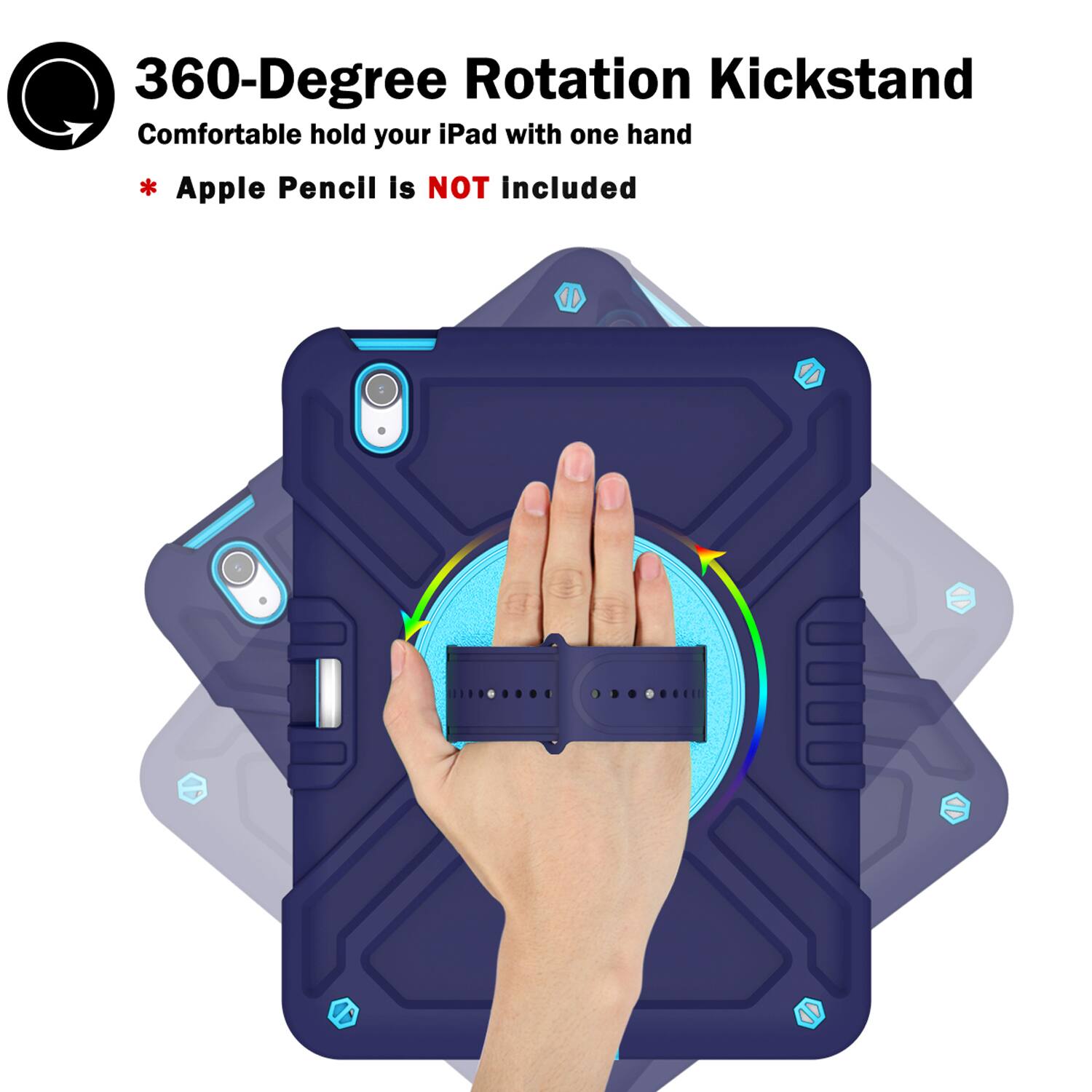 360-Degree Rotation Kickstand  
Comfortable hold your iPad with one hand  
* Apple Pencil is NOT included