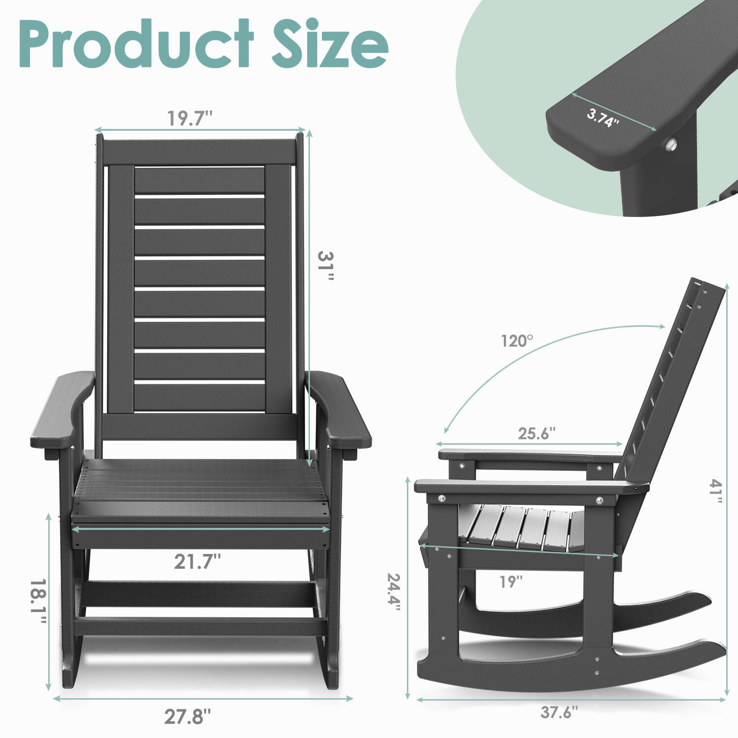Product Size

- Height: 31"
- Width: 27.8"
- Depth: 18.1"
- Seat Height: 19.7"
- Seat Width: 21.7"
- Armrest Height: 3.74"
- Backrest Height: 25.6"
- Backrest Width: 41"
- Base Width: 37.6"
- Base Depth: 24.4"
- Tilt Angle: 120°
