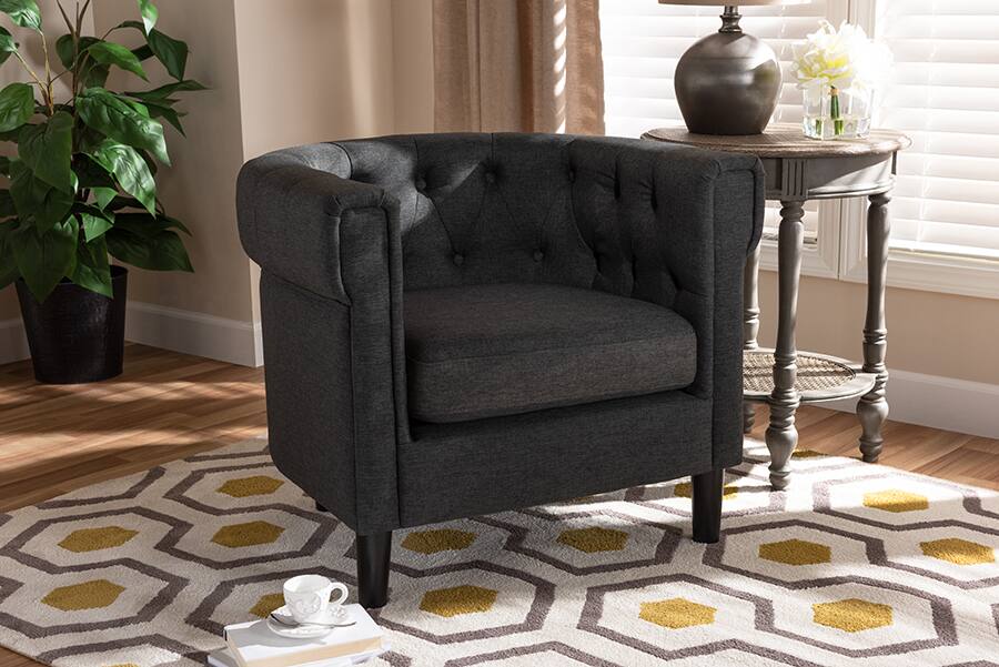 Alt View 4. Baxton Studio - Bisset Classic and Traditional Gray Fabric Upholstered Chesterfield Chair - Charcoal.
