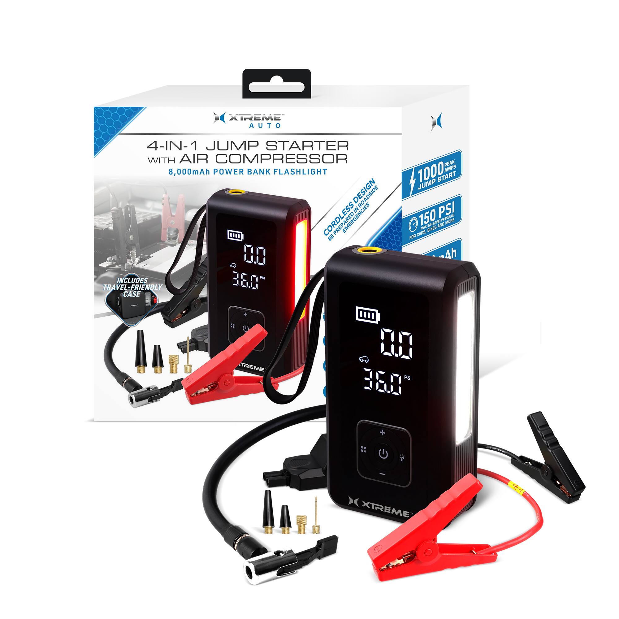 KIREME AUTO 4-IN-1 JUMP STARTER WITH AIR COMPRESSOR 8,000mAh POWER BANK FLASHLIGHT DESIGN CORDLESS EMERGENCIES 1940 - 00 LIL TRAVEL-FRIENDLY INCL 360 CASE PEAK 1000 AMP START JUMP 150 PSI - - -R - - CM 4h TREME 0m 00 PSI 360 + I X XTREME