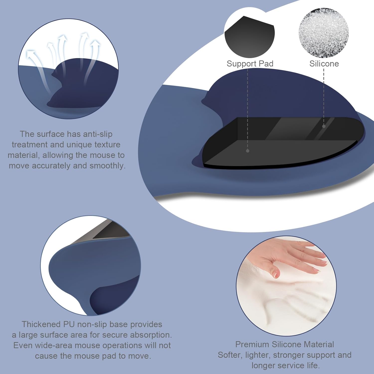 Support Pad Silicone

- The surface has anti-slip treatment and unique texture material, allowing the mouse to move accurately and smoothly.
- Thickened PU non-slip base provides a large surface area for secure absorption. Even wide-area mouse operations will not cause the mouse pad to move.
- Premium Silicone Material: Softer, lighter, stronger support and longer service life.