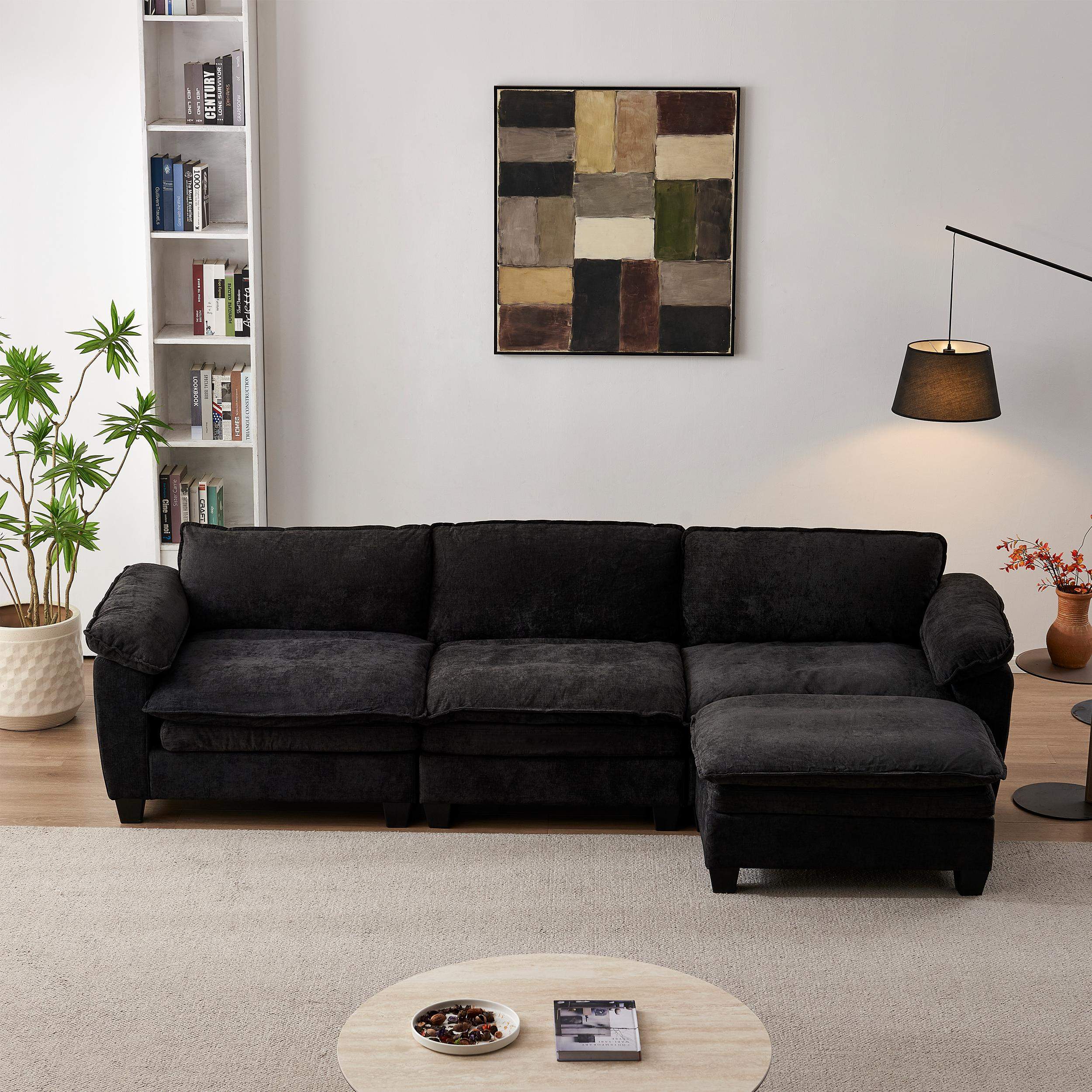 Roomtec - Living Room Furniture Sofa Luxury Couch with Ottoman Soft Chenille Upholstered L Shape Sofa Black - Black