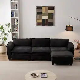 Roomtec - Living Room Furniture Sofa Luxury Couch with Ottoman Soft Chenille Upholstered L Shape Sofa Black - Black