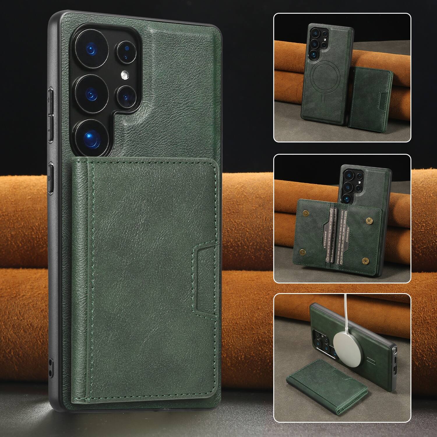 Alt View 3. Dteck - Detachable Magnetic PU Leather Cover For Samsung Galaxy S26 Ultra, Shockproof Card Holder Wallet Protection Case - Green.