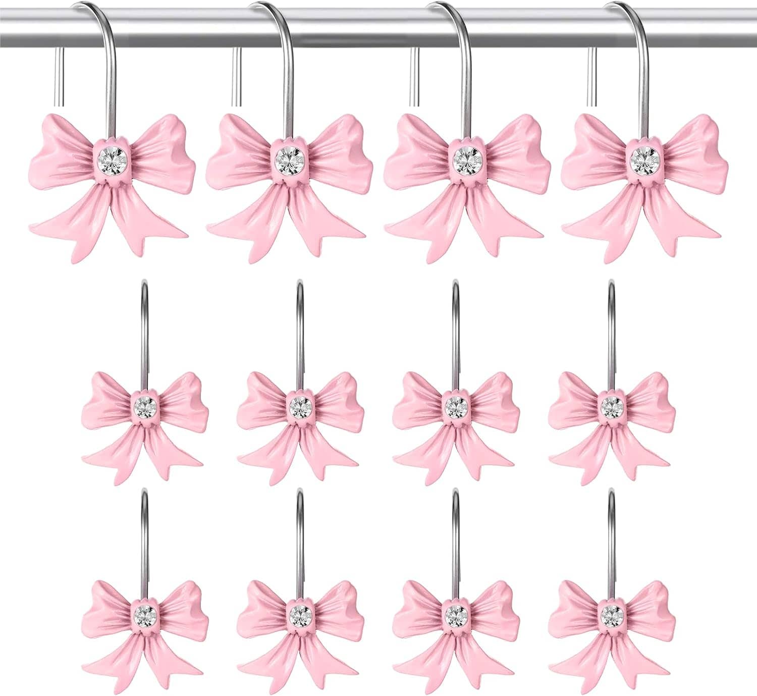 Acteck - 12 Pcs Bow Shower Curtain Hooks, Resin Shower Curtain Hooks Rustproof Stainless Steel, Cute Bow Bathroom Decor - Pink