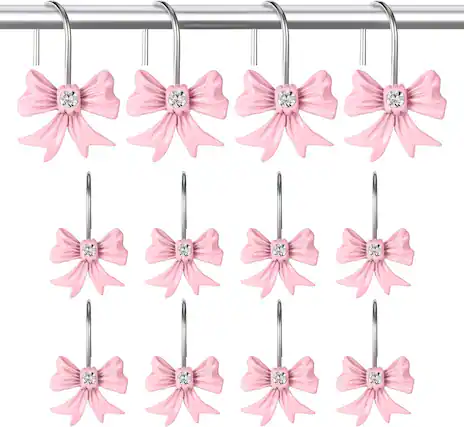 Front. Acteck - 12 Pcs Bow Shower Curtain Hooks, Resin Pink Shower Curtain Hooks Rustproof Stainless Steel, Cute Bow Bathroom Decor - Pink.