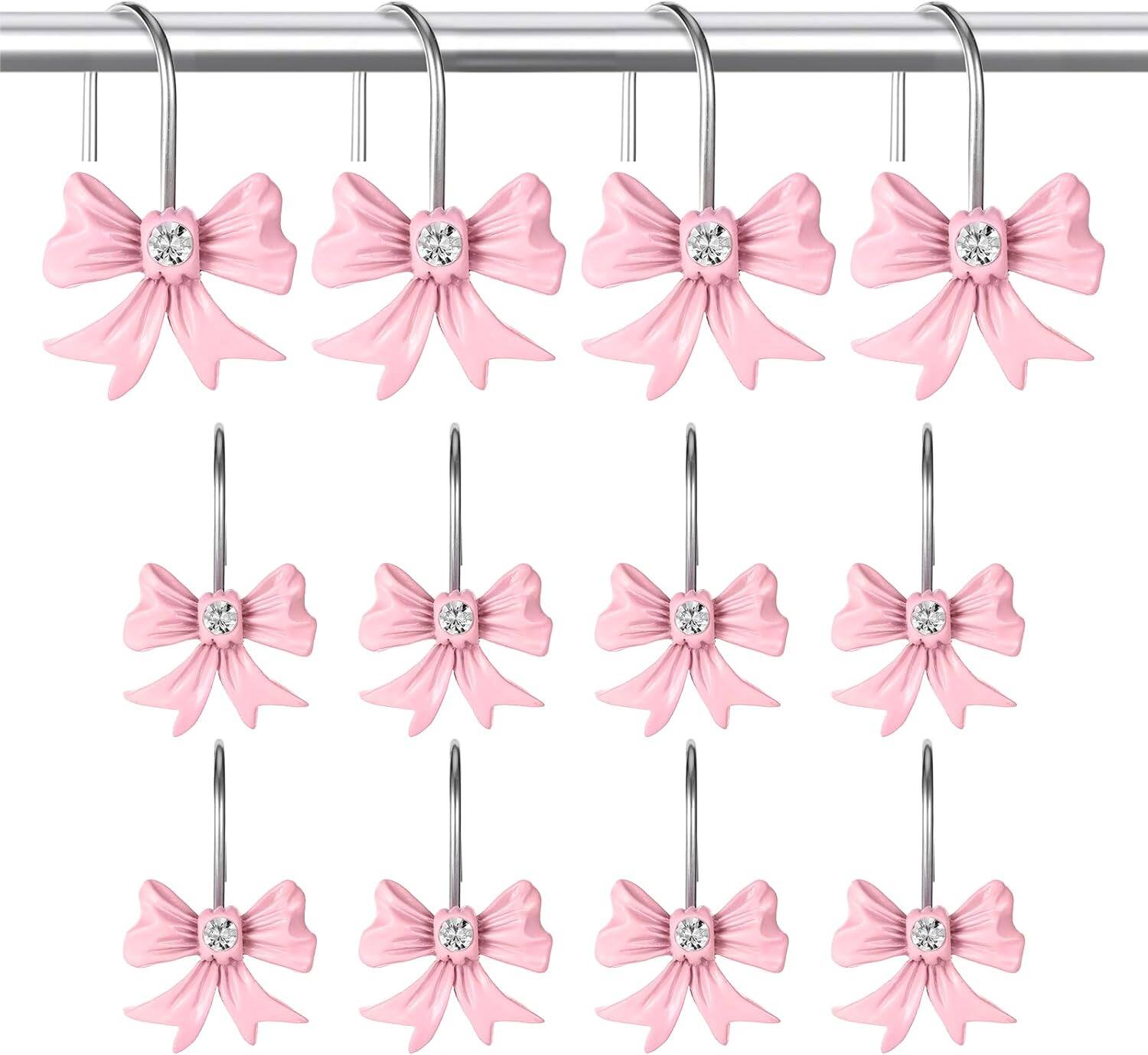 Front. Acteck - 12 Pcs Bow Shower Curtain Hooks, Resin Pink Shower Curtain Hooks Rustproof Stainless Steel, Cute Bow Bathroom Decor - Pink.