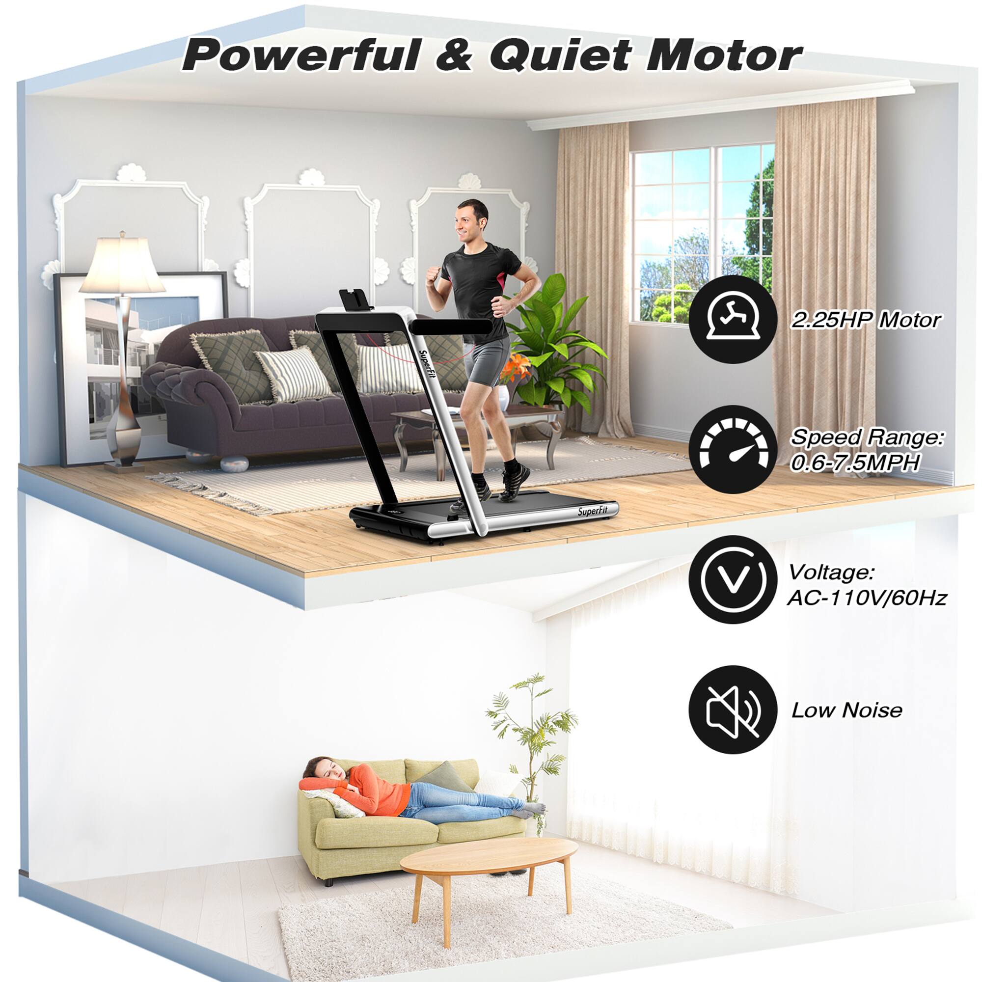 Powerful & Quiet Motor

- 2.25HP Motor
- Speed Range: 0.6-7.5MPH
- Voltage: AC-110V/60Hz
- Low Noise