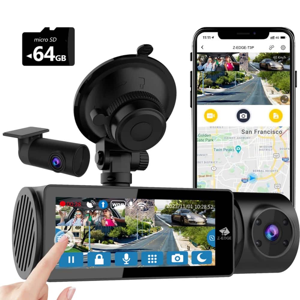 Z-Edge - T3P 3CH 4K Dash Camera, Front + Rear + Cabin, IPS Touch Screen IR Night Vision & Super Capacitor, with 64GB Card - Black