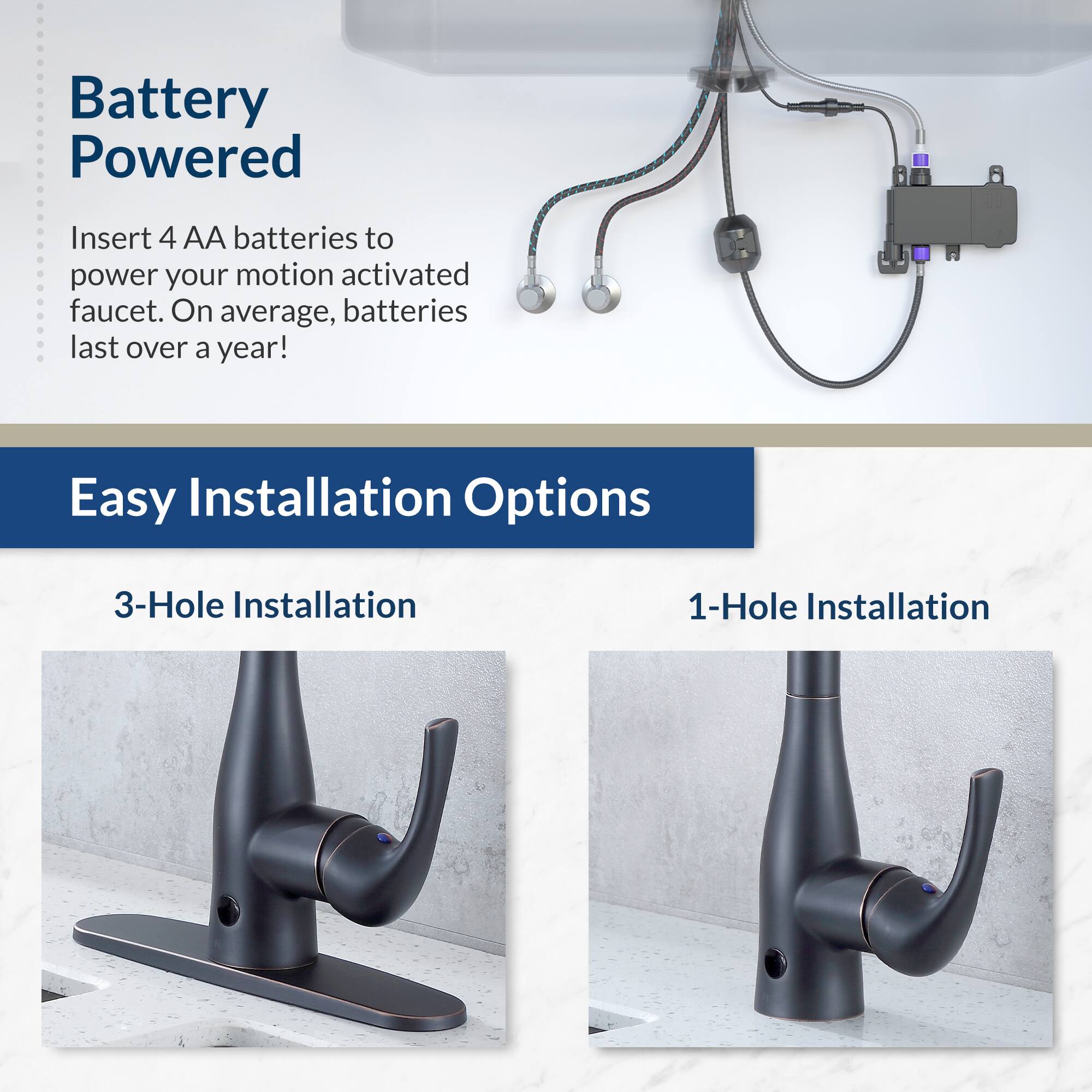 Battery Powered

Insert 4 AA batteries to power your motion activated faucet. On average, batteries last over a year!

Easy Installation Options

3-Hole Installation

1-Hole Installation