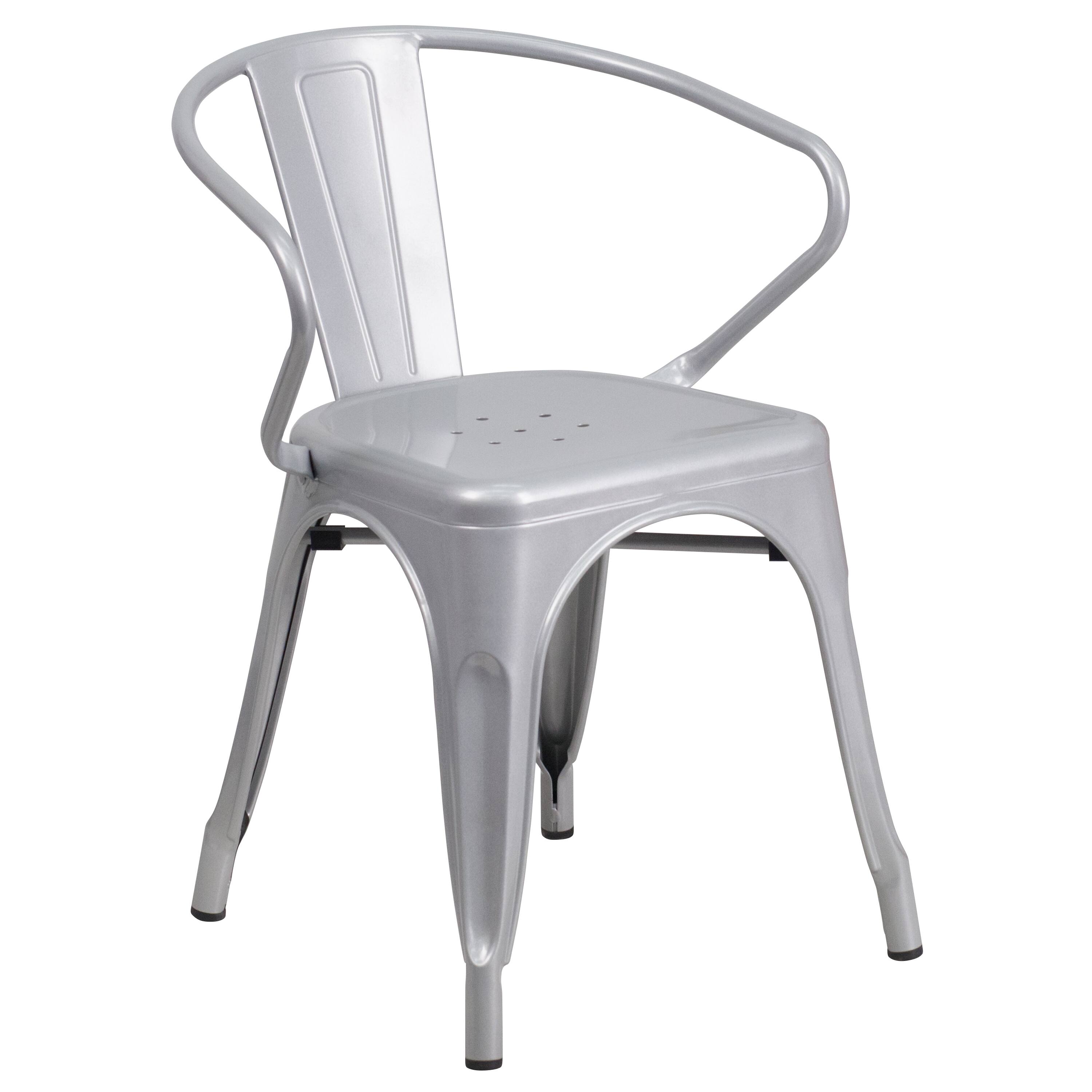 Alt View 4. Emma + Oliver - Commercial Grade 30" Round Metal Indoor-Outdoor Table Set with 2 Arm Chairs - Silver.
