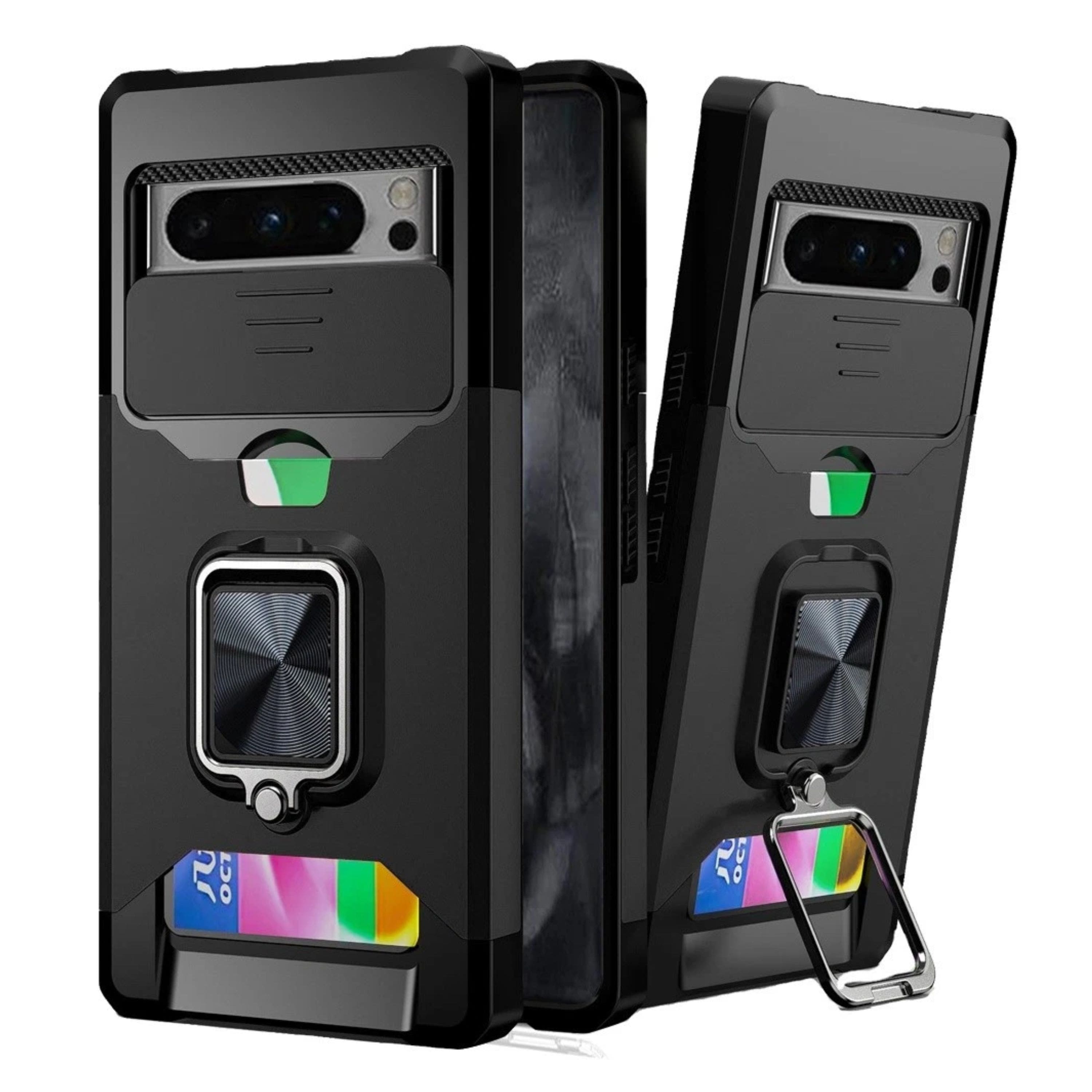 Kitcheniva - Rugged Magnetic Ring Stand Sliding Lens Cover Phone Case With Card Holder For Google Pixel 8 Pro 5G - Black